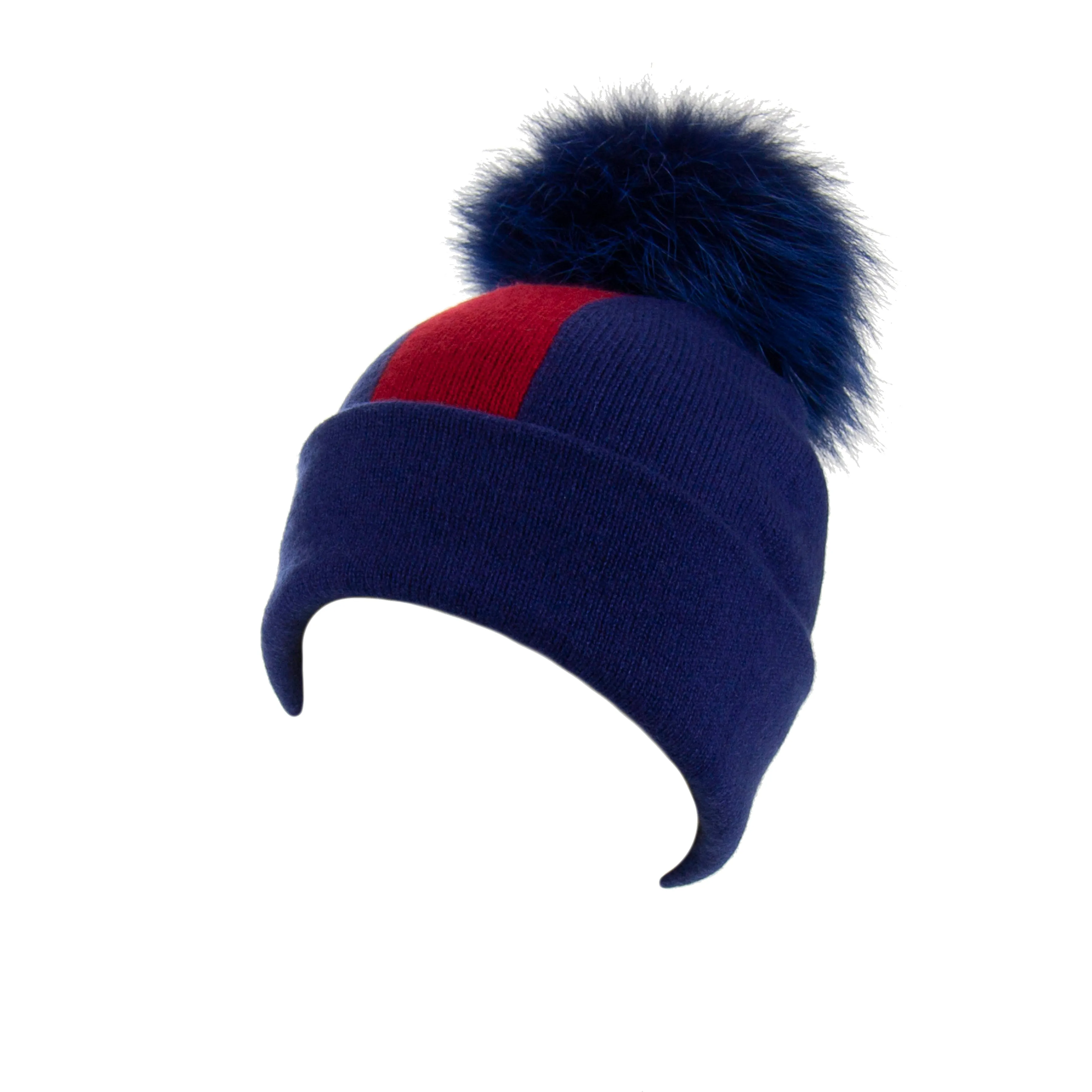 Reversible Slouchy Blue and Red Striped Cashmere Hat with Electric Blue Pom-Pom