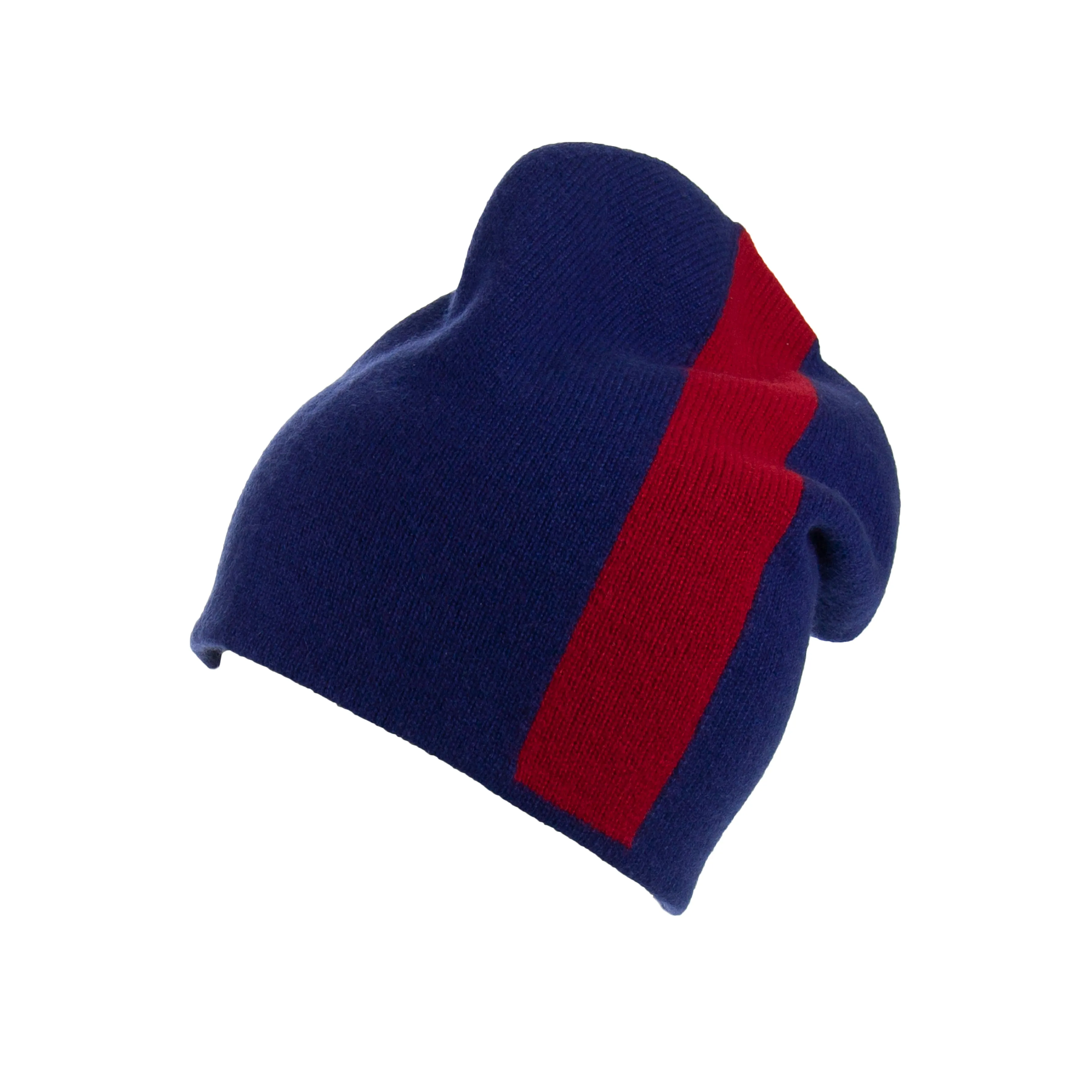 Reversible Slouchy Blue and Red Striped Cashmere Hat with Electric Blue Pom-Pom