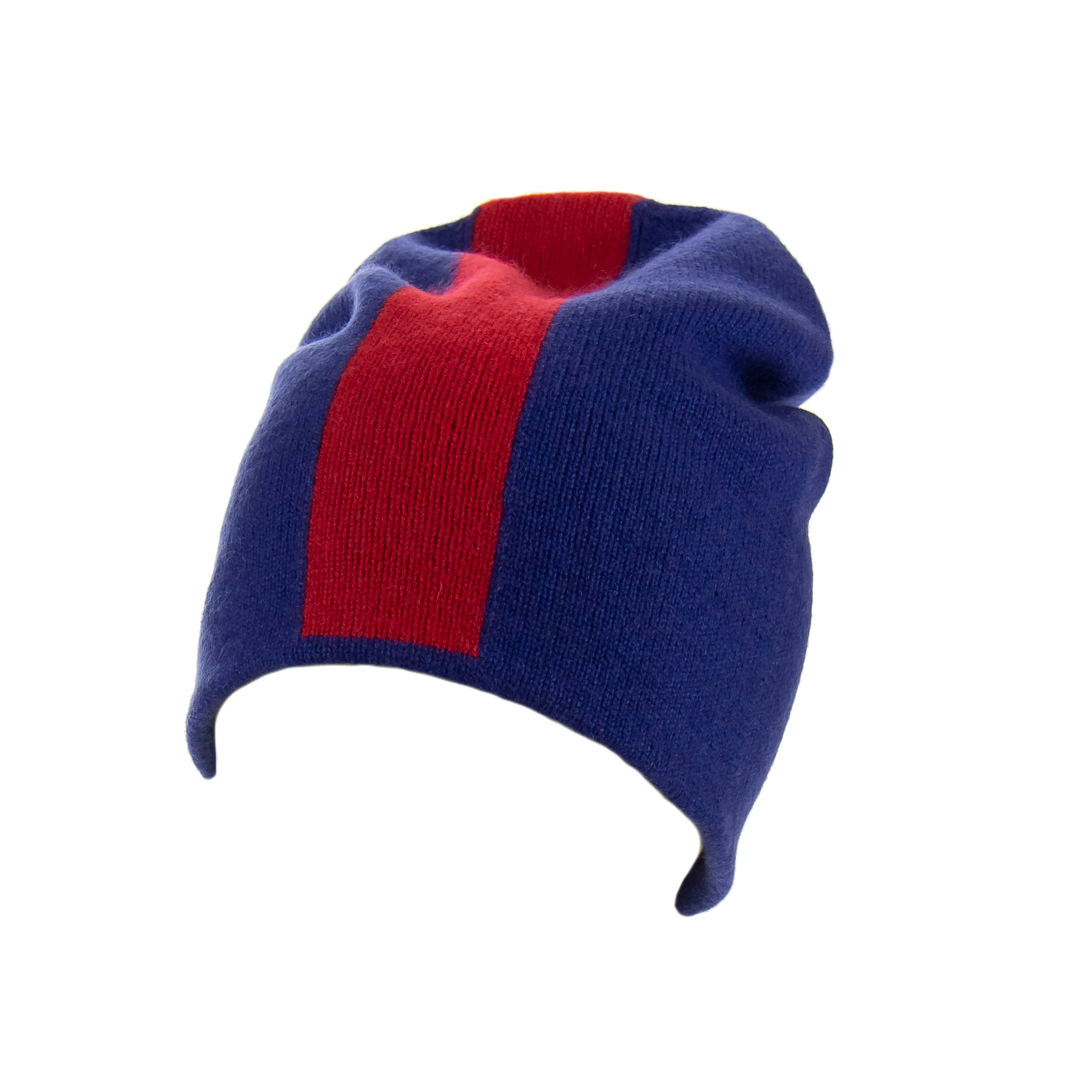 Reversible Slouchy Blue and Red Striped Cashmere Hat with Electric Blue Pom-Pom