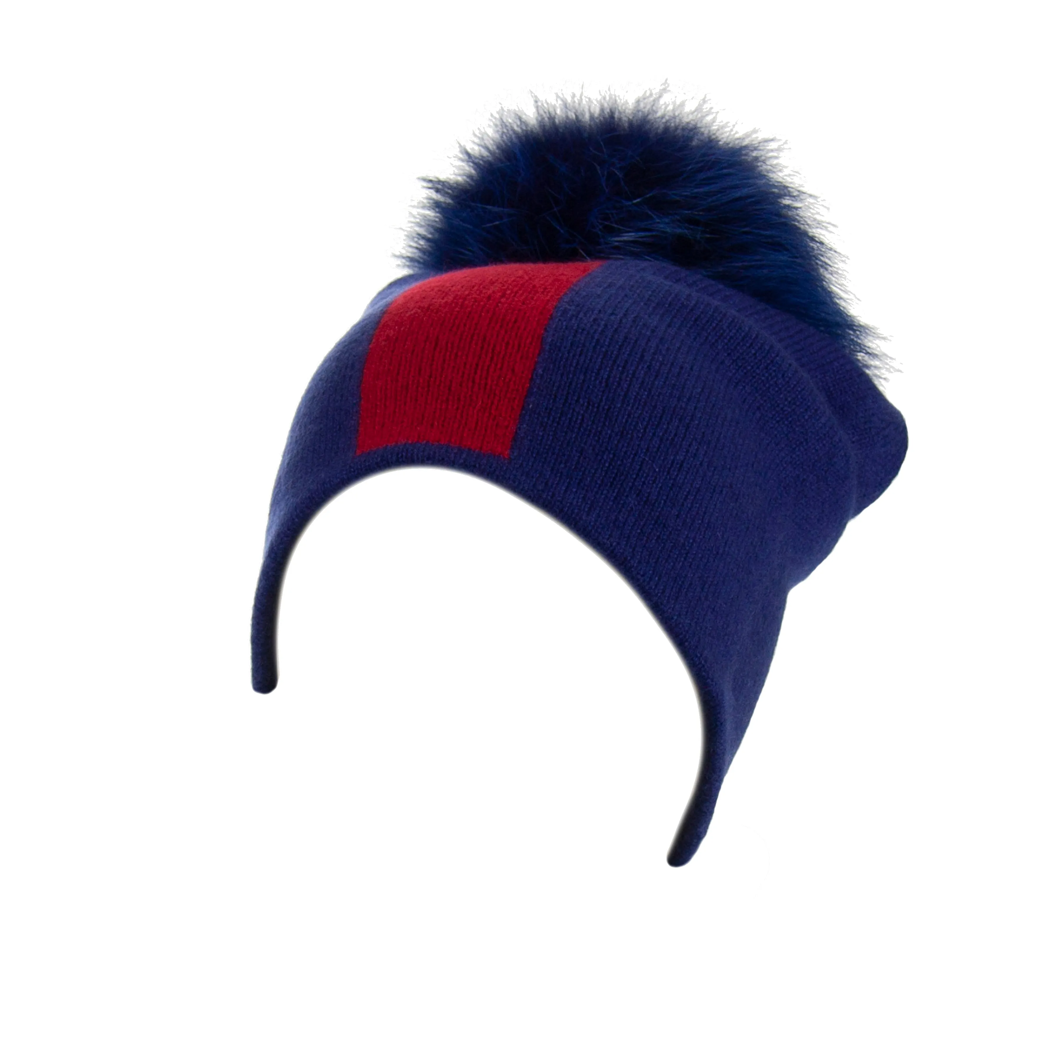 Reversible Slouchy Blue and Red Striped Cashmere Hat with Electric Blue Pom-Pom