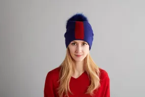 Reversible Slouchy Blue and Red Striped Cashmere Hat with Electric Blue Pom-Pom