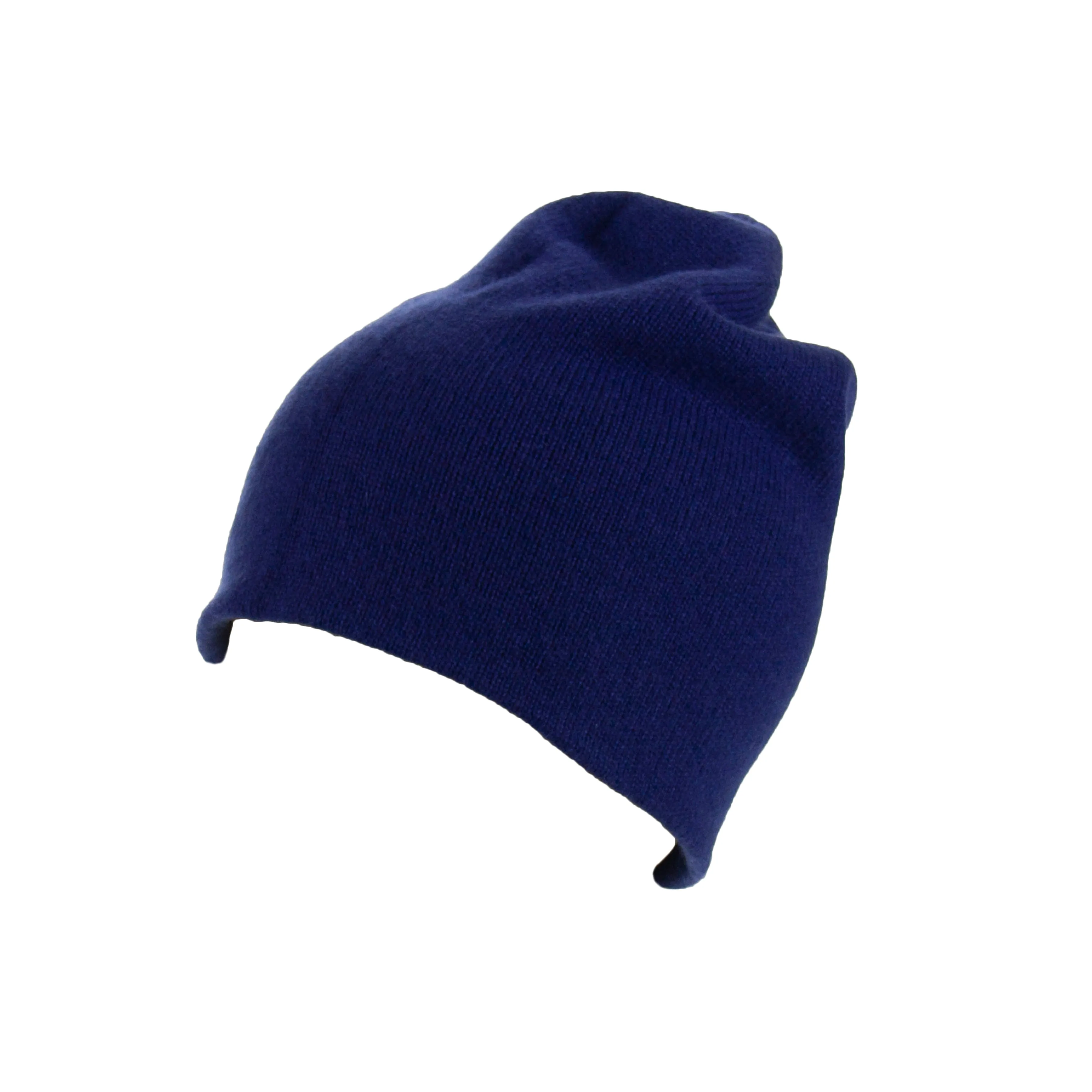 Reversible Slouchy Blue and Red Striped Cashmere Hat with Electric Blue Pom-Pom