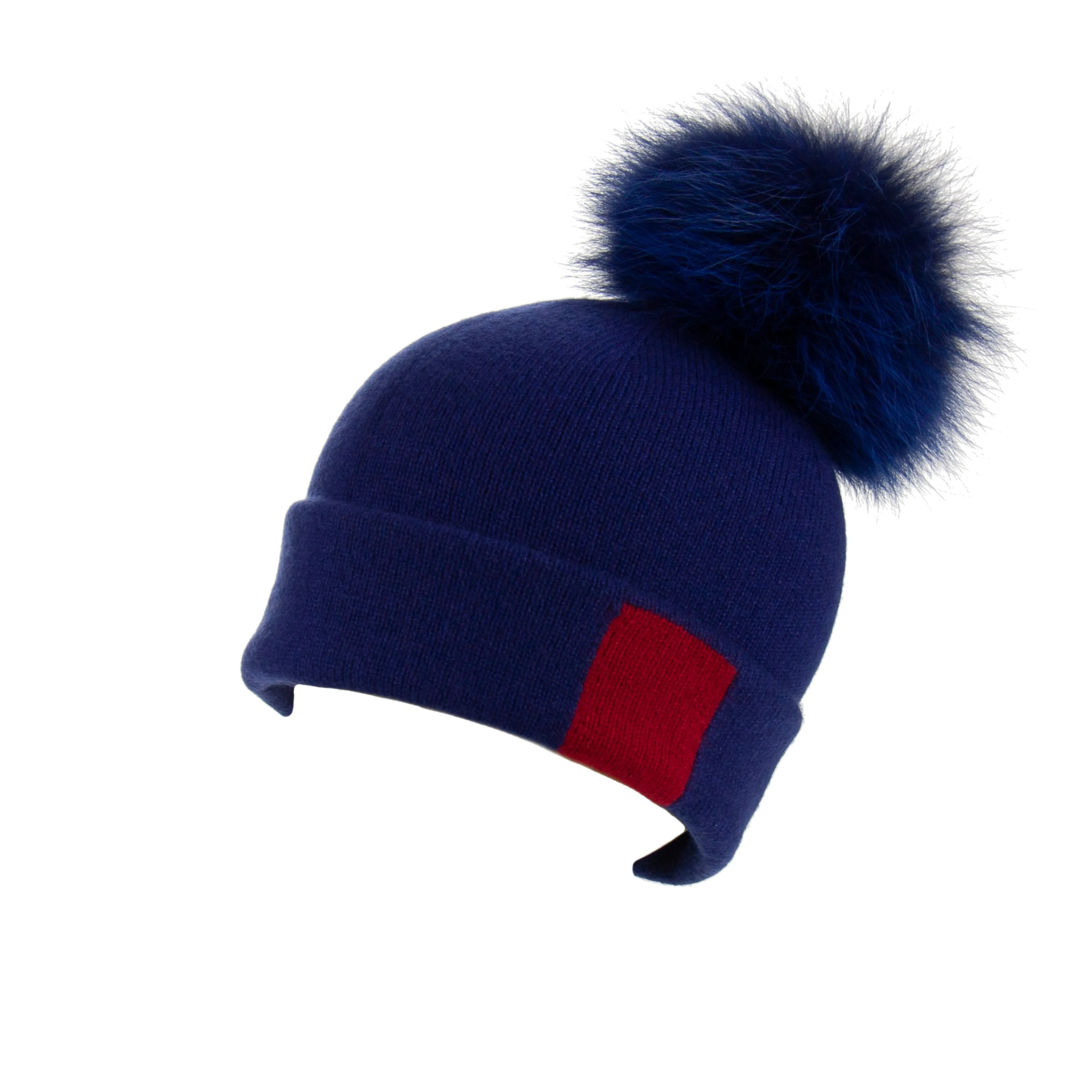 Reversible Slouchy Blue and Red Striped Cashmere Hat with Electric Blue Pom-Pom