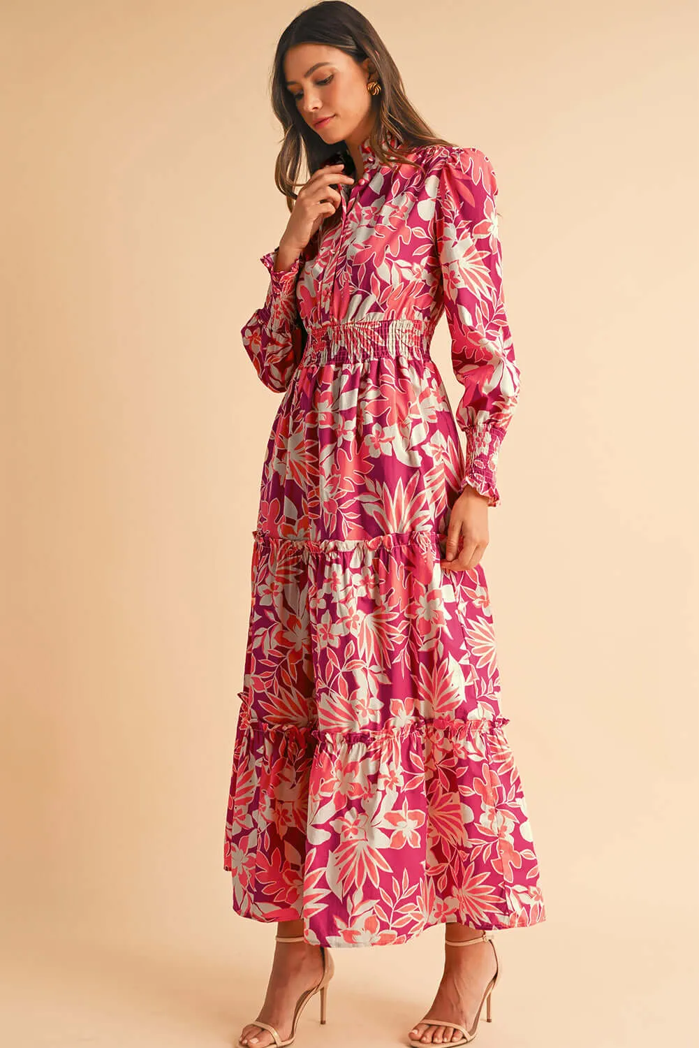 Rose Floral Print Buttoned Smocked High Waist Maxi Dress