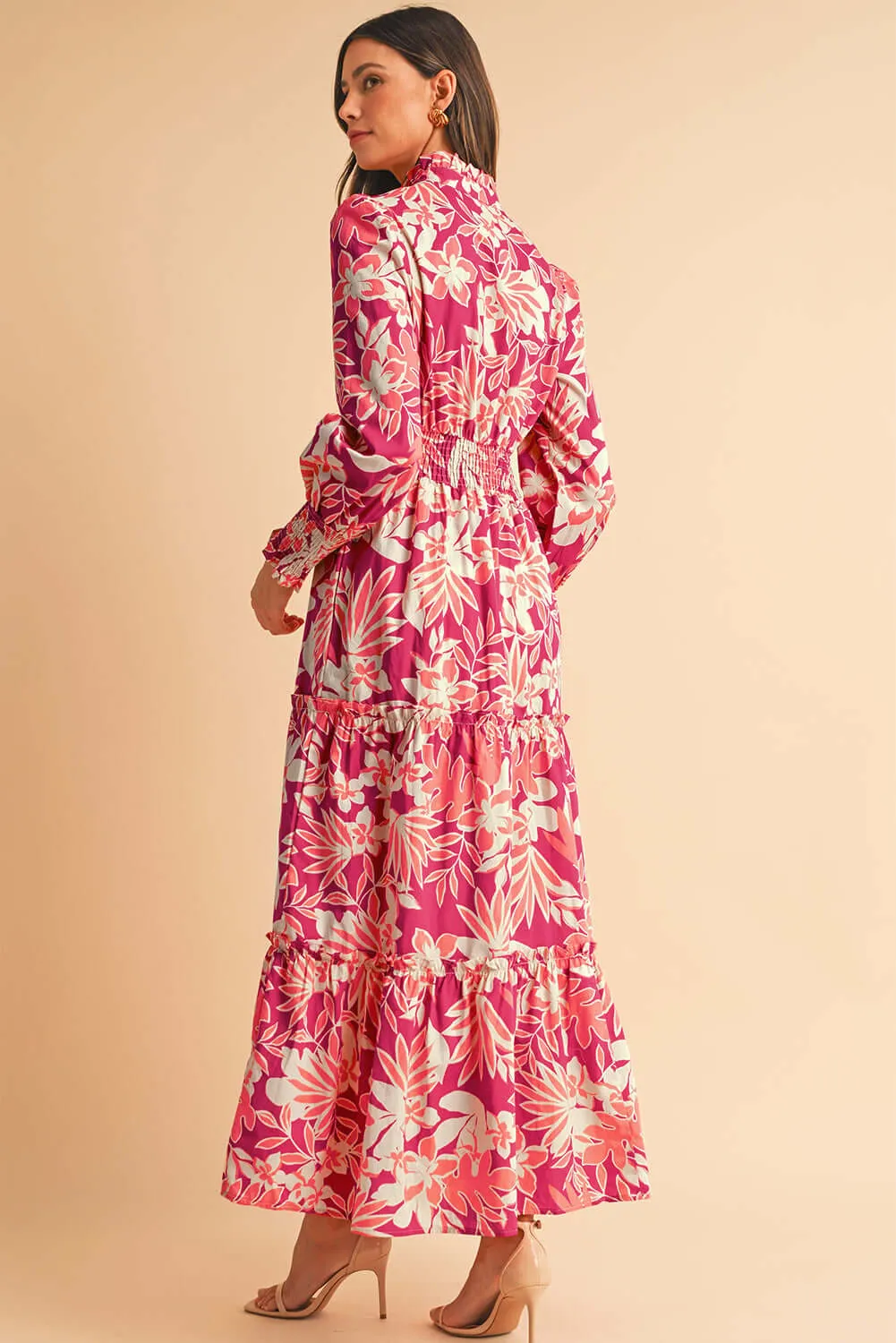 Rose Floral Print Buttoned Smocked High Waist Maxi Dress