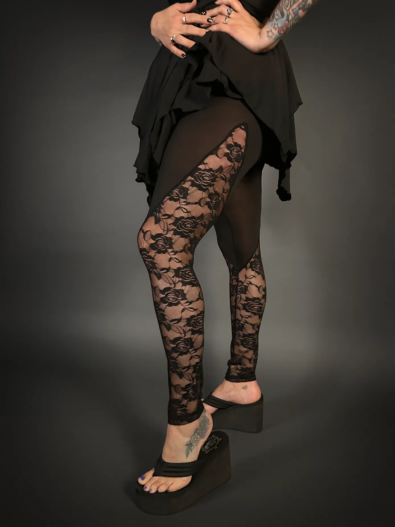 Rose Lace Sides Translucent Stretch Leggings with High Waist