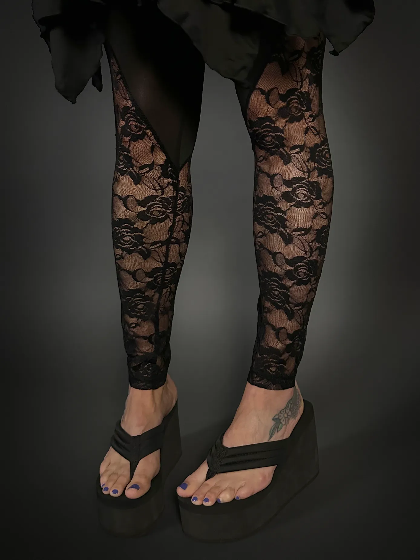 Rose Lace Sides Translucent Stretch Leggings with High Waist