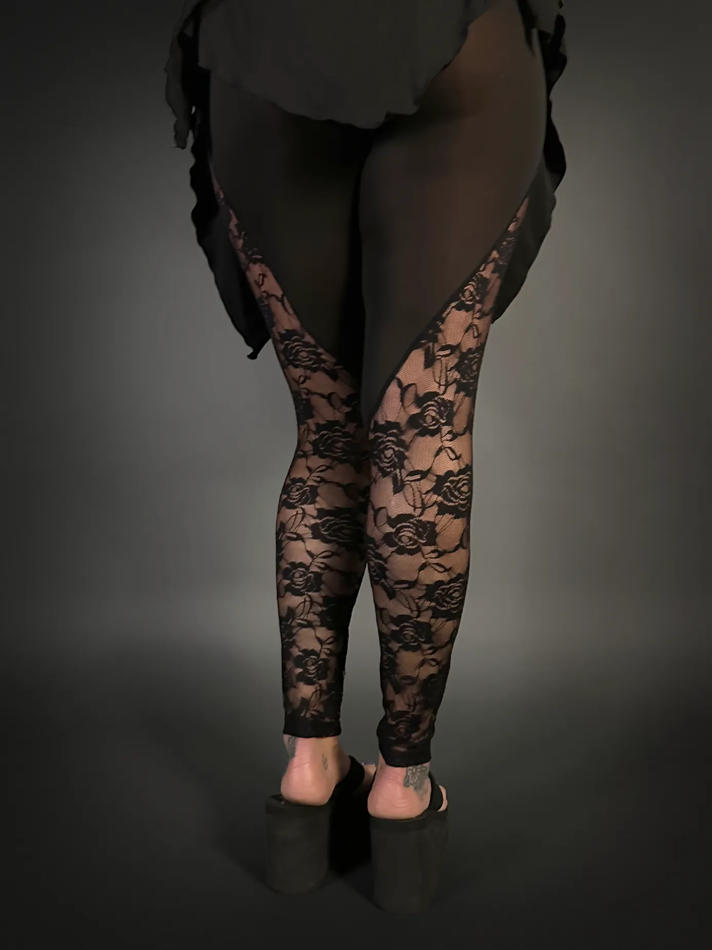 Rose Lace Sides Translucent Stretch Leggings with High Waist