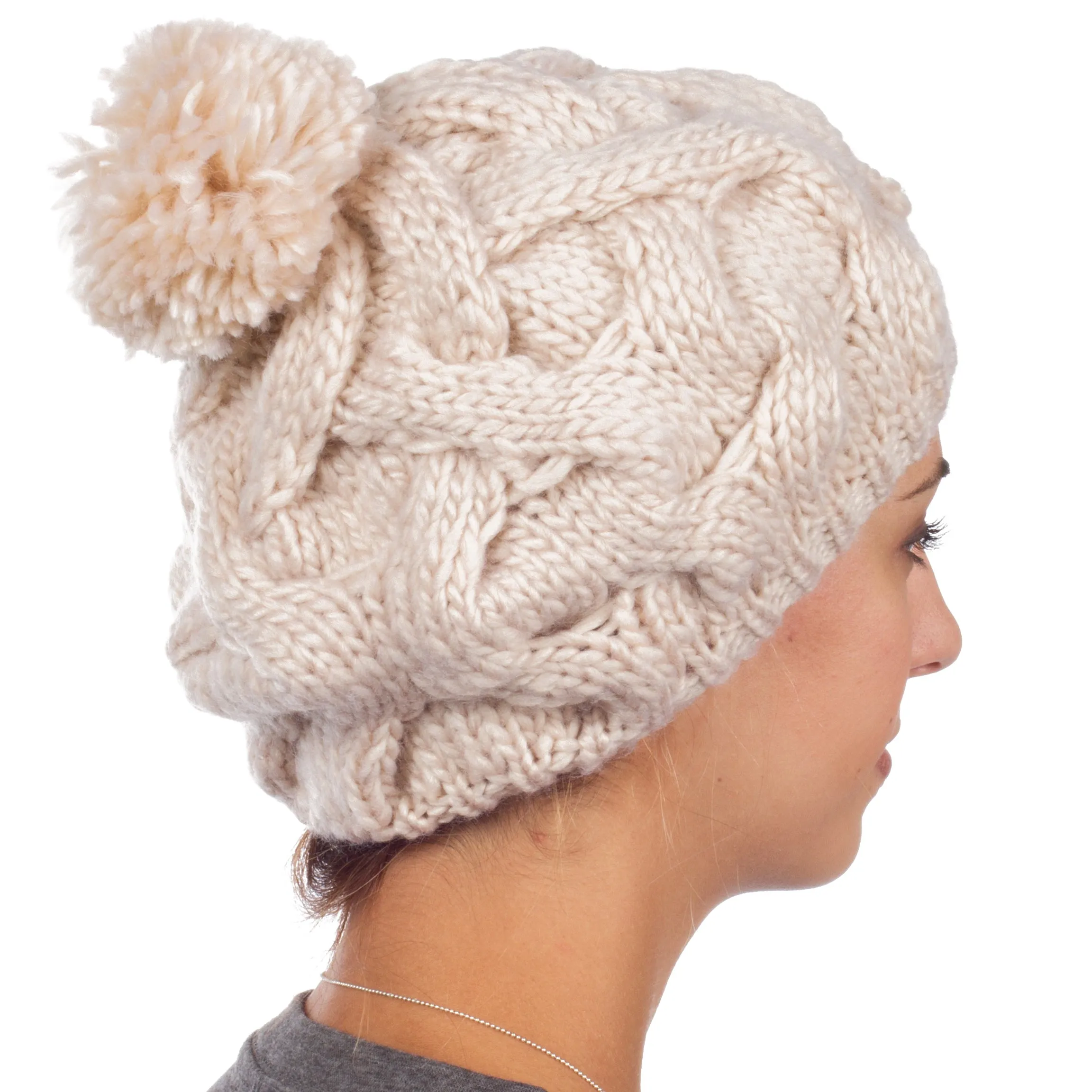 Sakkas Cable Knit Pom Pom Thick Slouch Hat