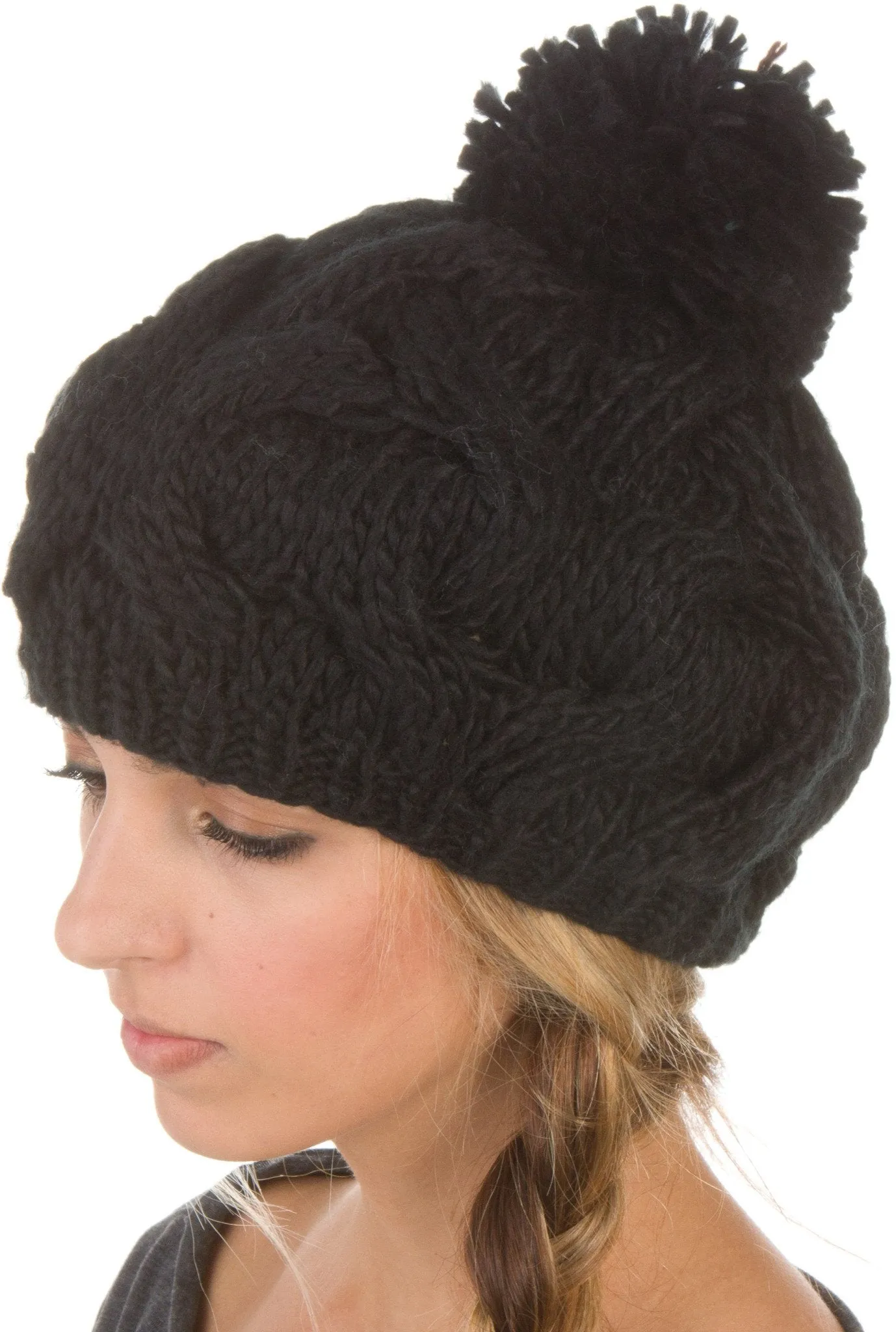 Sakkas Cable Knit Pom Pom Thick Slouch Hat