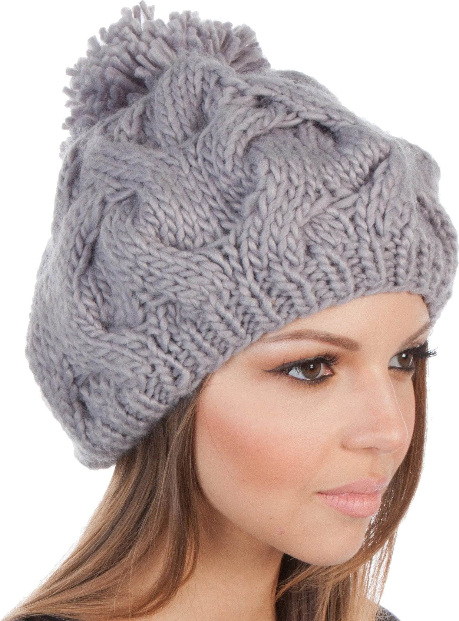 Sakkas Cable Knit Pom Pom Thick Slouch Hat