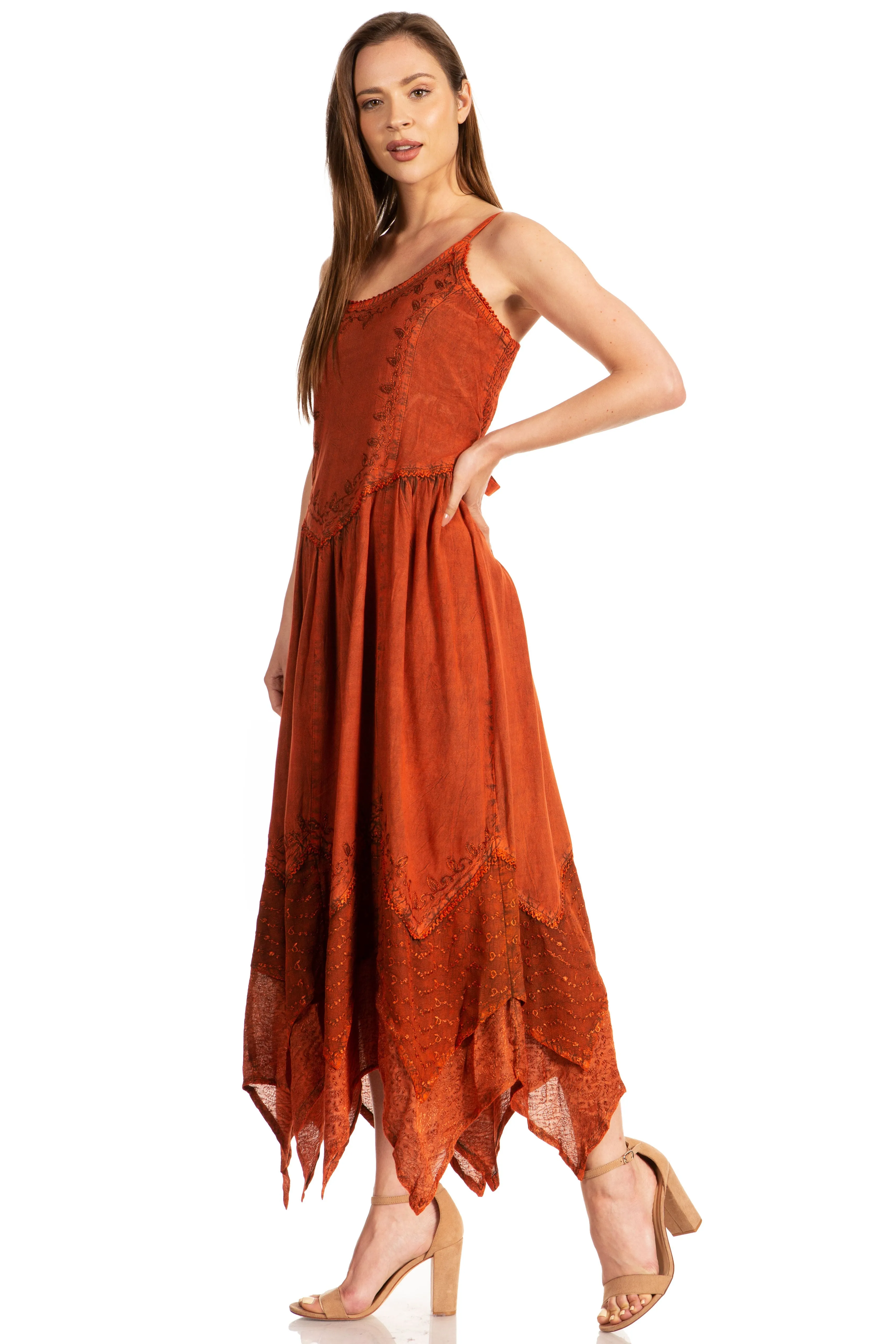 Sakkas Rayon Embroidered Stonewashed Adjustable Spaghetti Straps Long Dress