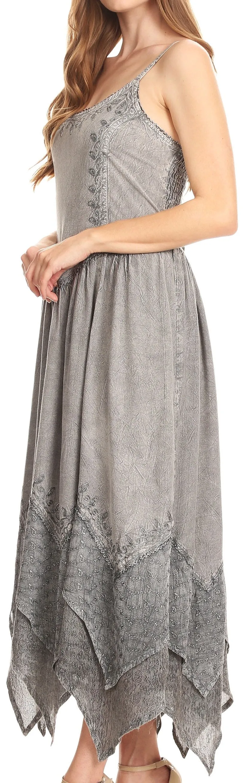 Sakkas Rayon Embroidered Stonewashed Adjustable Spaghetti Straps Long Dress