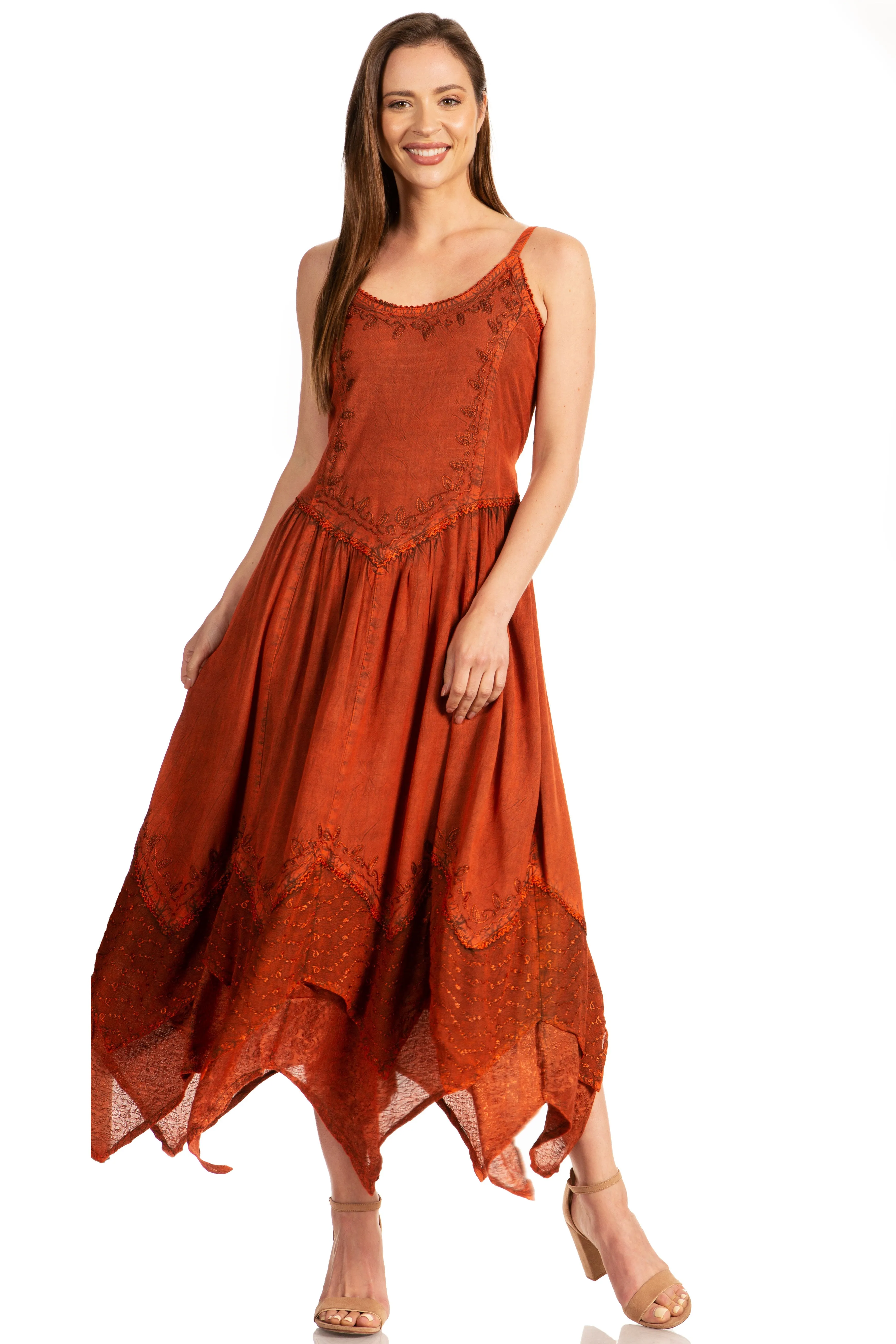 Sakkas Rayon Embroidered Stonewashed Adjustable Spaghetti Straps Long Dress