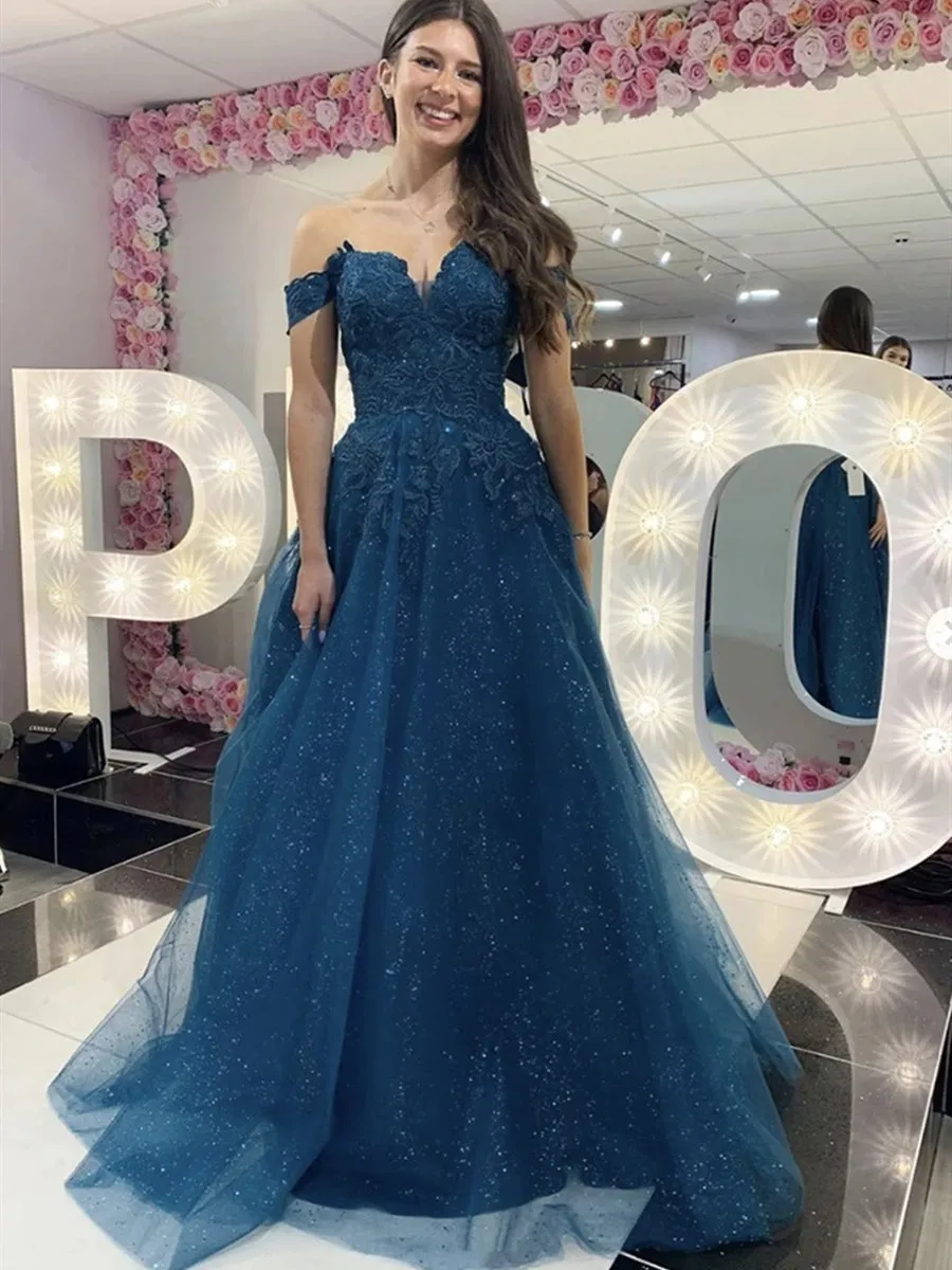 Shiny Off Shoulder Long Blue Lace Prom, Blue Lace Formal, Sparkly Blue Evening