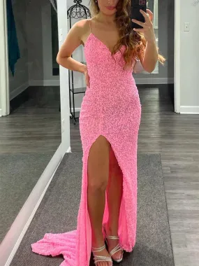 Shiny Sequins V Neck Mermaid Pink Long Prom Dresses with High Slit, Mermaid Pink Formal Graduation Evening Dresses