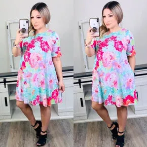 Splashy Mint Floral Dress Criss Cross