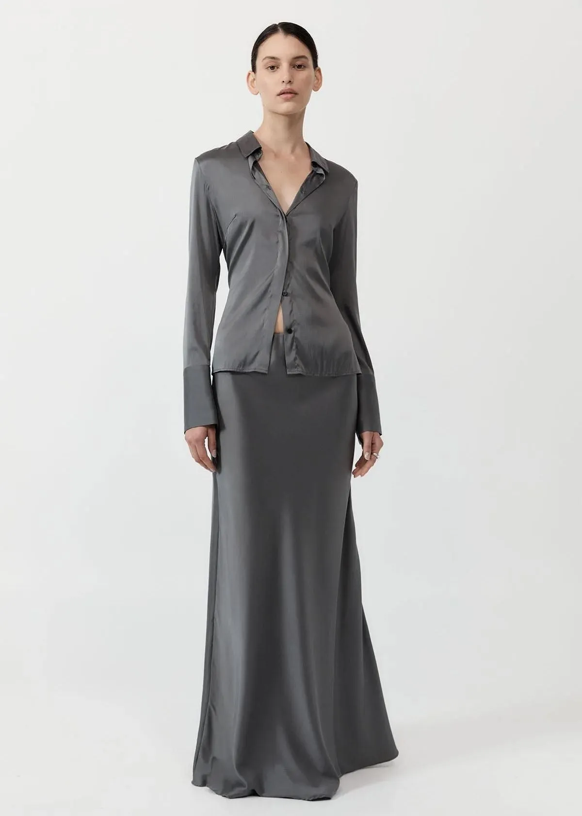 ST. AGNI Soft Silk Maxi Skirt - Pewter Grey