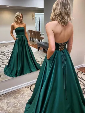 Strapless Backless Emerald Green Long Prom with Pocket, Backless Emerald Green Formal Graduation Evening