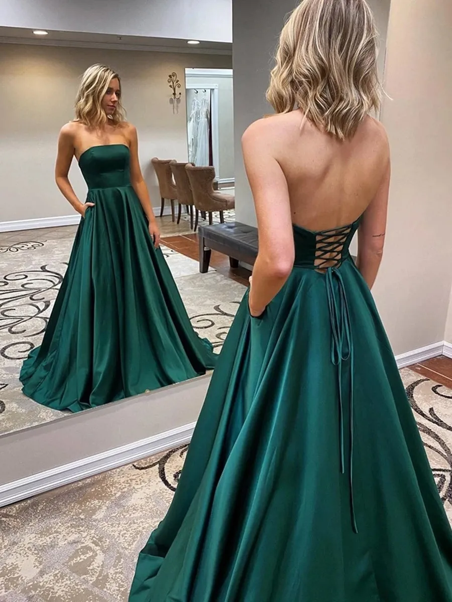 Strapless Backless Emerald Green Long Prom with Pocket, Backless Emerald Green Formal Graduation Evening