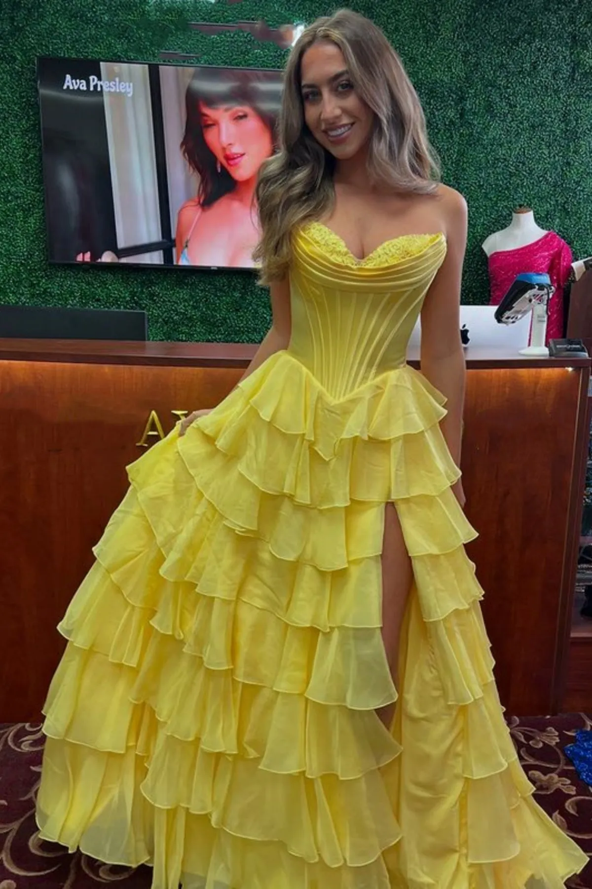 Strapless Layered Yellow Chiffon Long Prom Dress with High Slit, Long Yellow Formal Graduation Evening Dress A2238