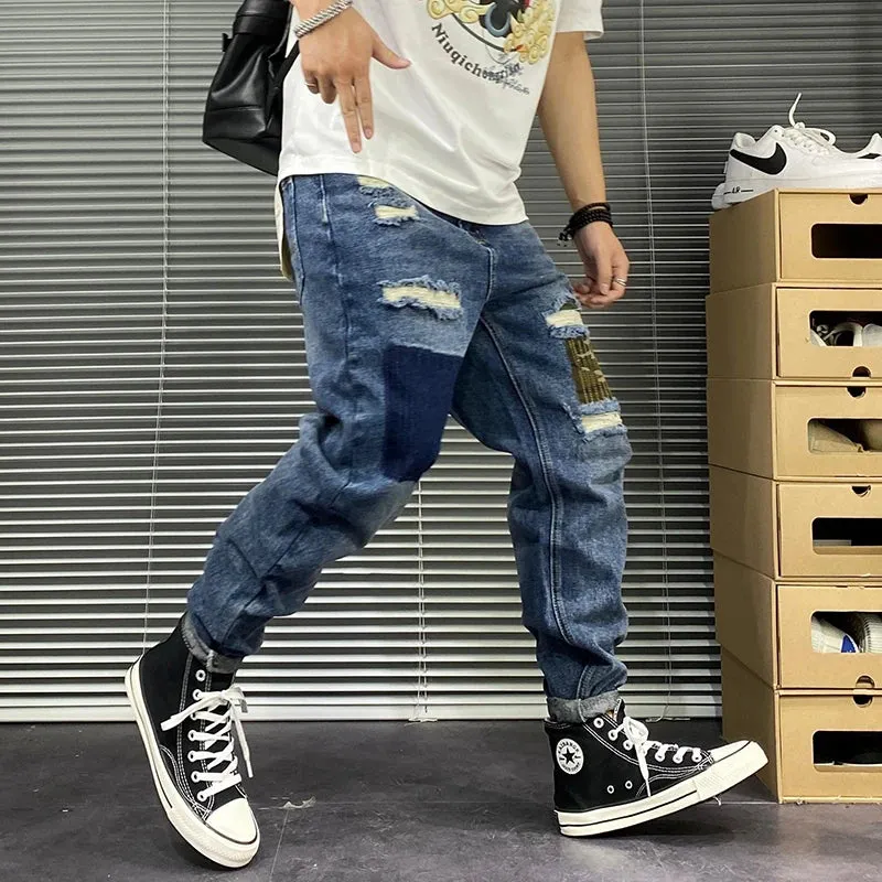 Streetwear Ripped Patch Jeans - Casual Straight Cargo Pants