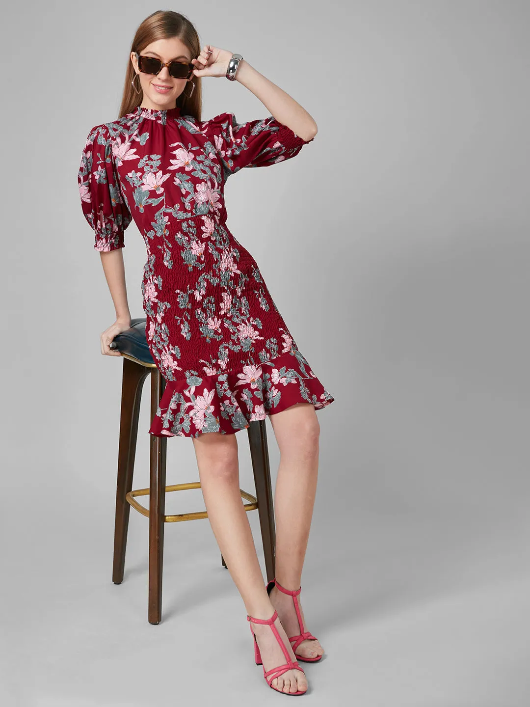 Style Quotient Women Maroon And Multi Floral Printed Polyester Bodycon Smart Casual Dress