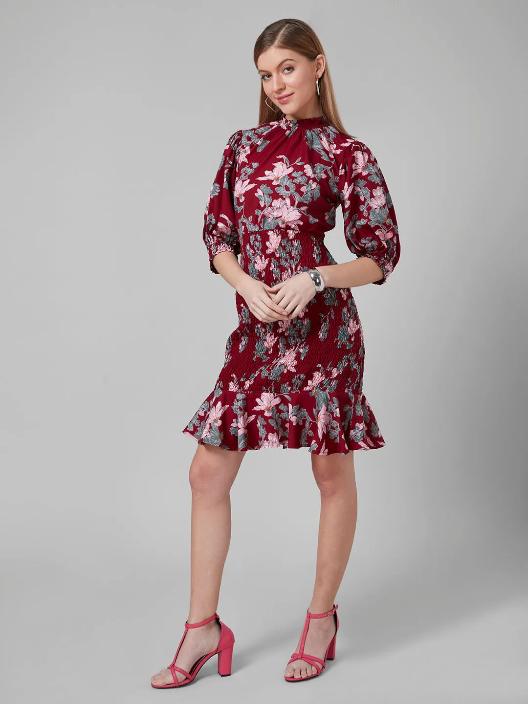 Style Quotient Women Maroon And Multi Floral Printed Polyester Bodycon Smart Casual Dress