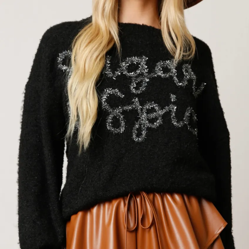 Sugar & Spice Tinsel Embroidered Knit Sweater