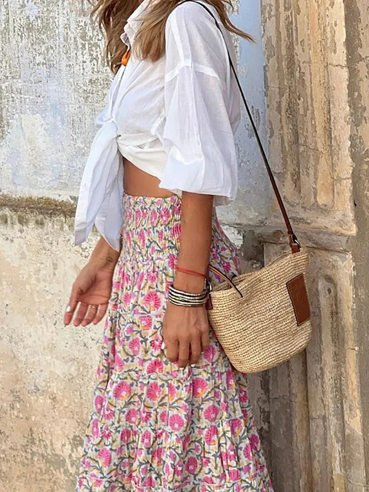 Summer Long Skirts Women Boho Print Skirt Female Floral Beach Maxi Skirts Ladies Vintage Loose Elastic Waist Holiday Skirt