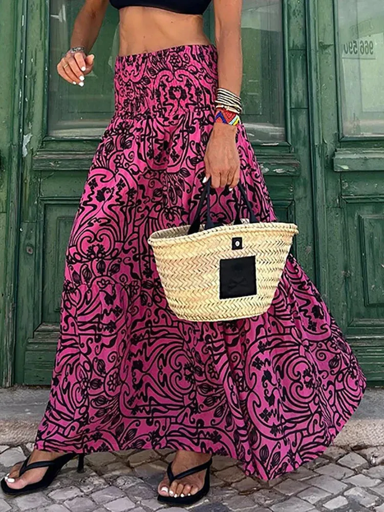 Summer Long Skirts Women Boho Print Skirt Female Floral Beach Maxi Skirts Ladies Vintage Loose Elastic Waist Holiday Skirt