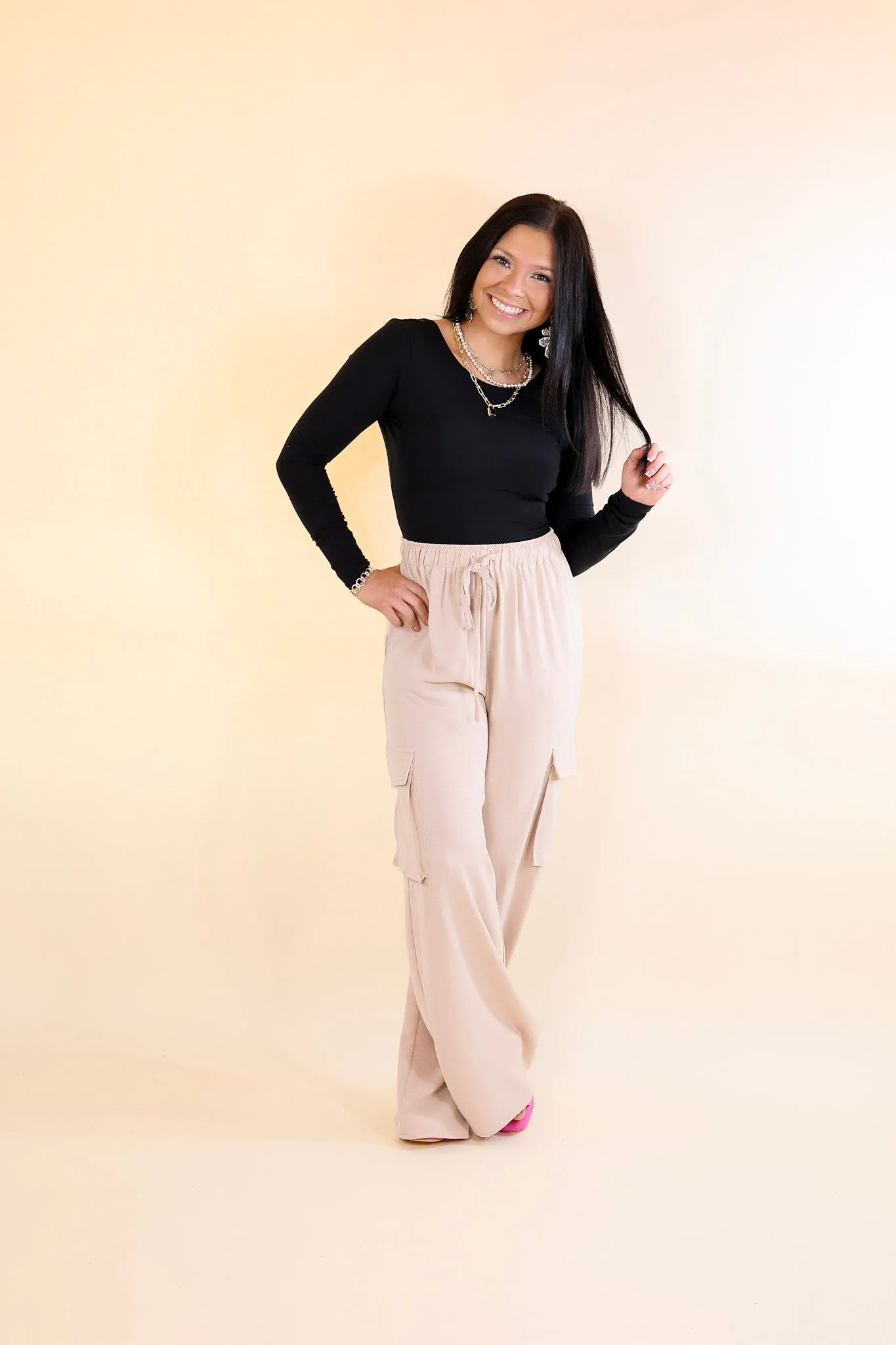 Sunday Stroll Wide Leg Cargo Pant in Light Taupe