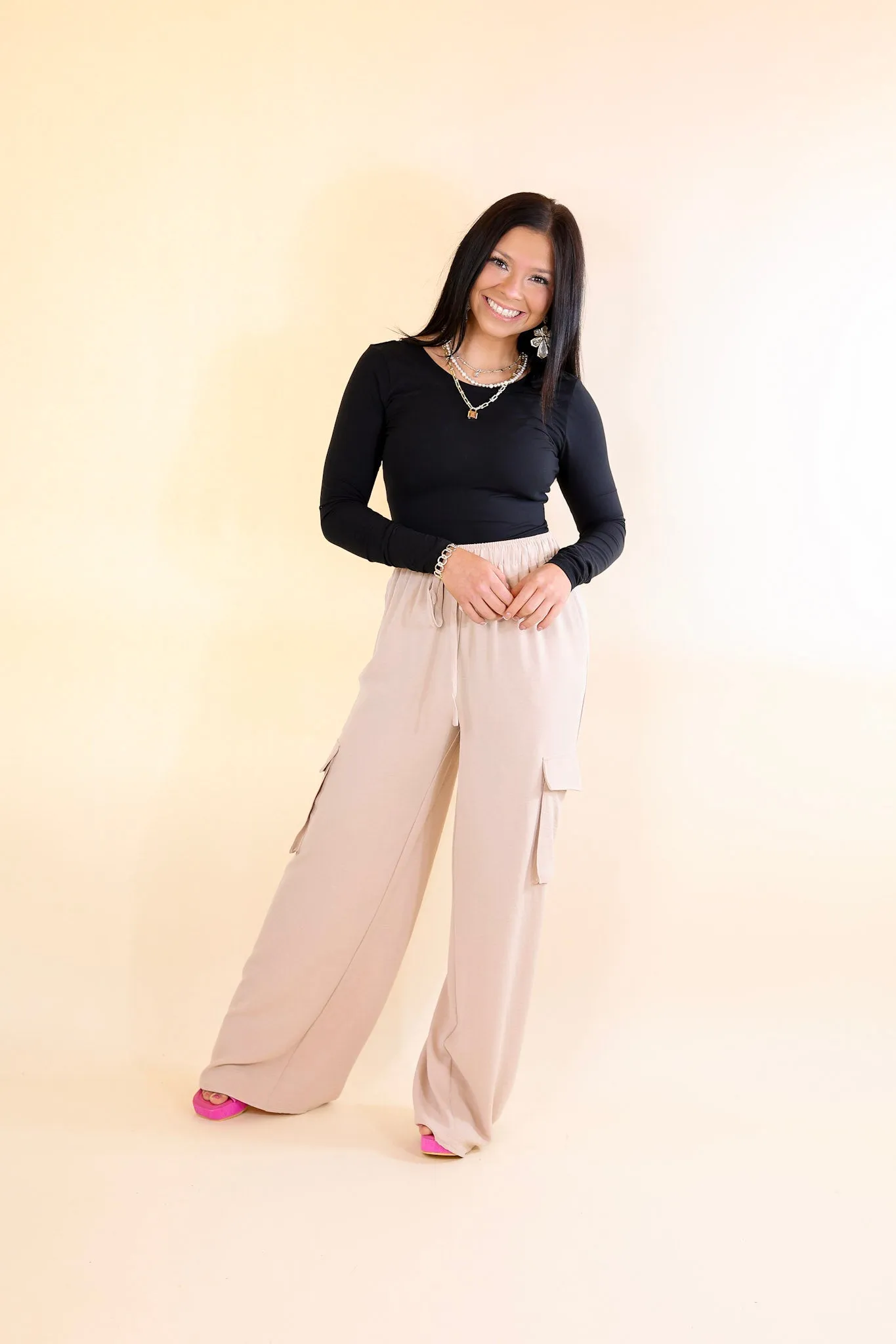 Sunday Stroll Wide Leg Cargo Pant in Light Taupe