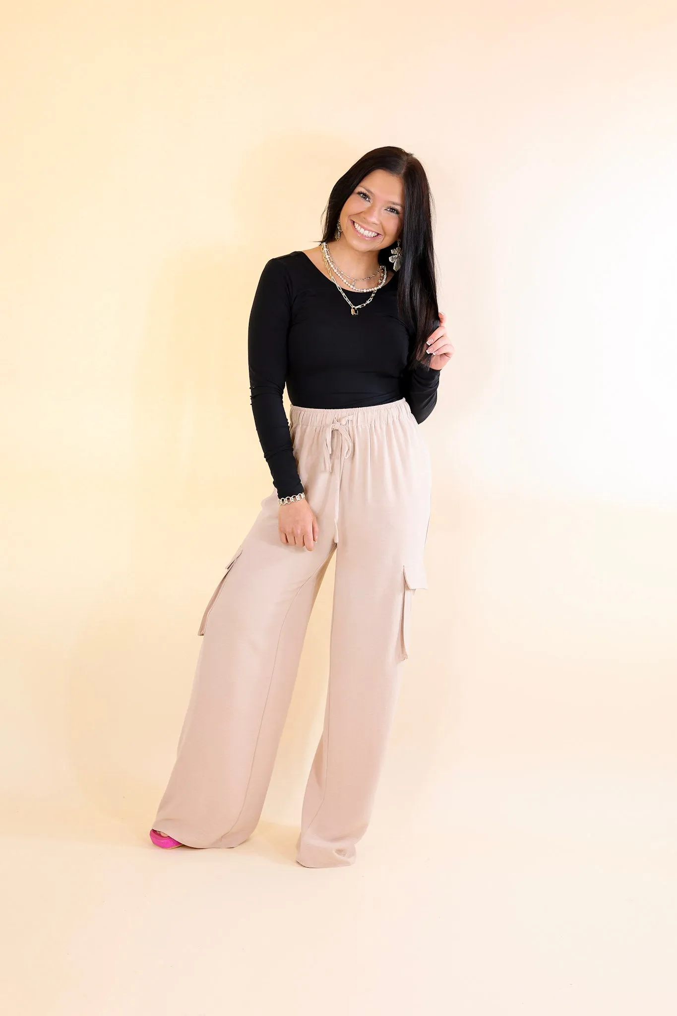 Sunday Stroll Wide Leg Cargo Pant in Light Taupe