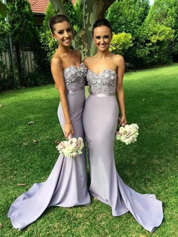 Sweetheart Neck Mermaid Strapless Sweep Train Lace Lavender Prom With Appliques, Lavender Bridesmaid, Formal