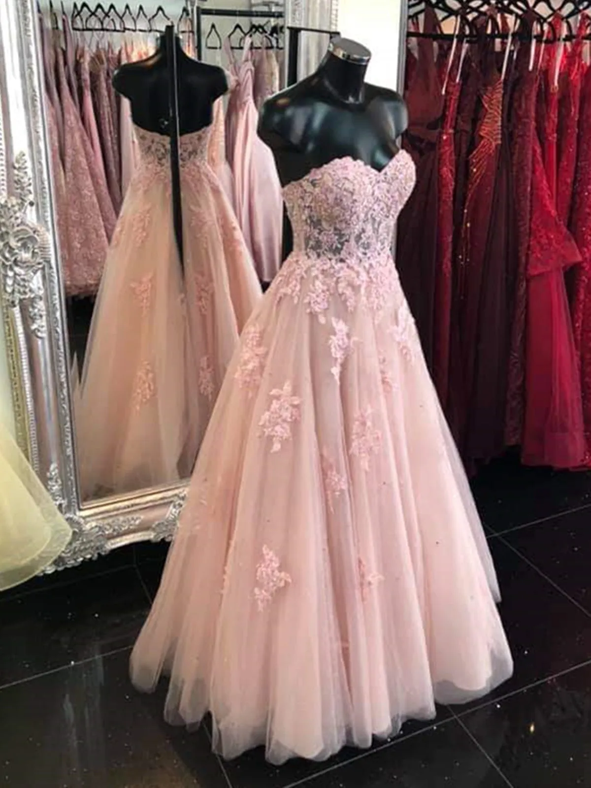 Sweetheart Neck Open Back Pink Lace Long Prom Dresses, Strapless Pink Lace Formal Dresses, Pink Lace Evening Dresses