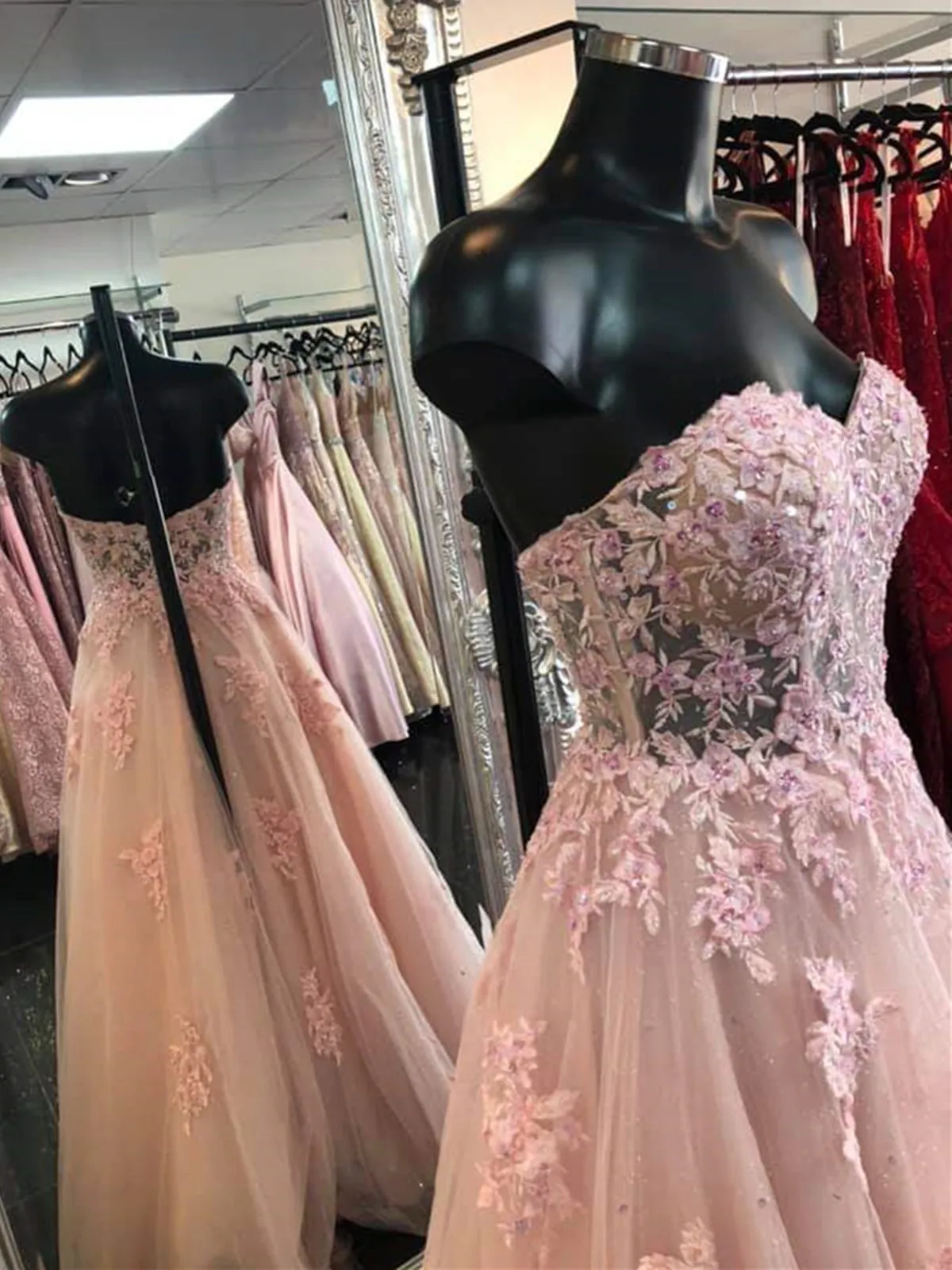 Sweetheart Neck Open Back Pink Lace Long Prom Dresses, Strapless Pink Lace Formal Dresses, Pink Lace Evening Dresses