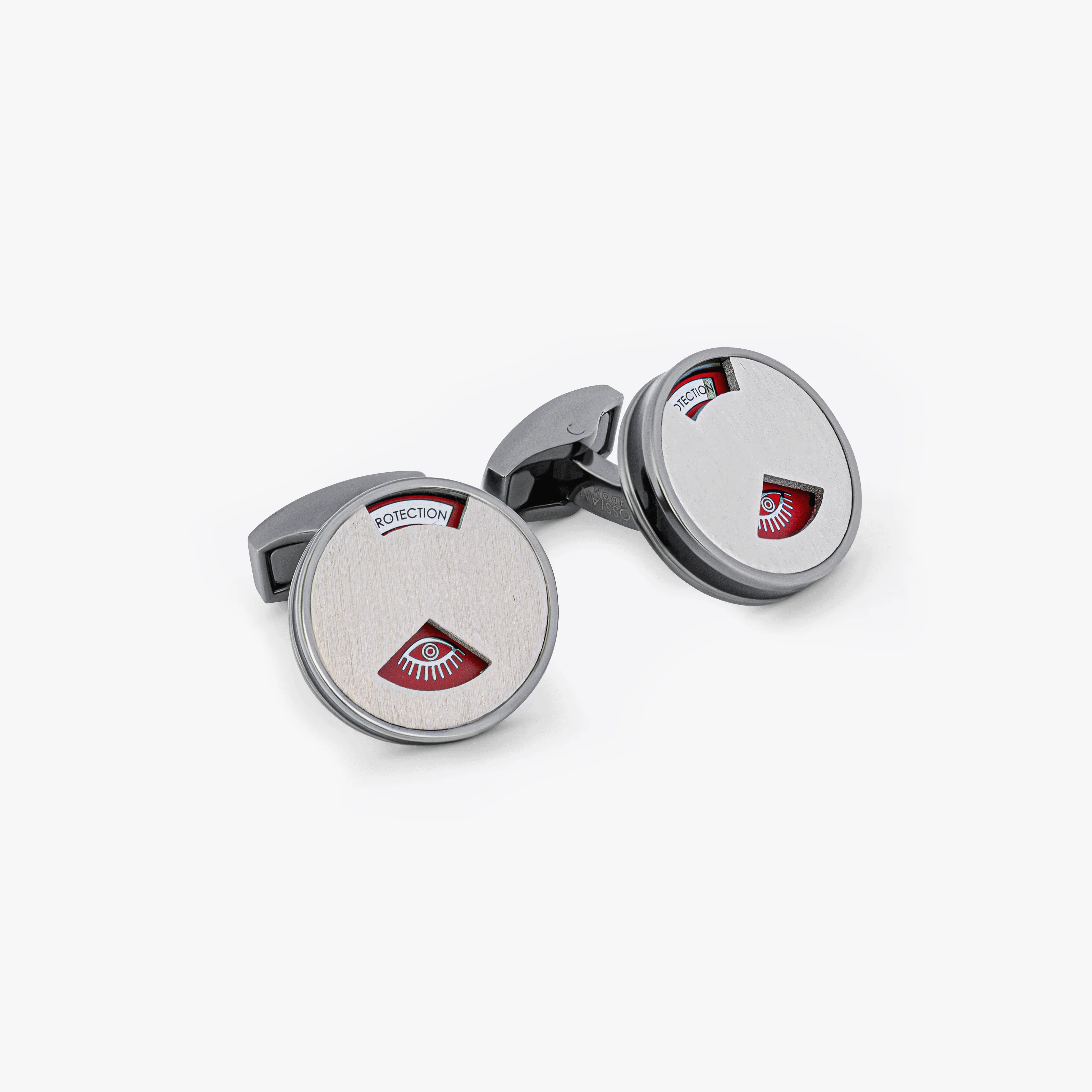 Talismanic Cufflinks With Red Enamel In Palladium Plated