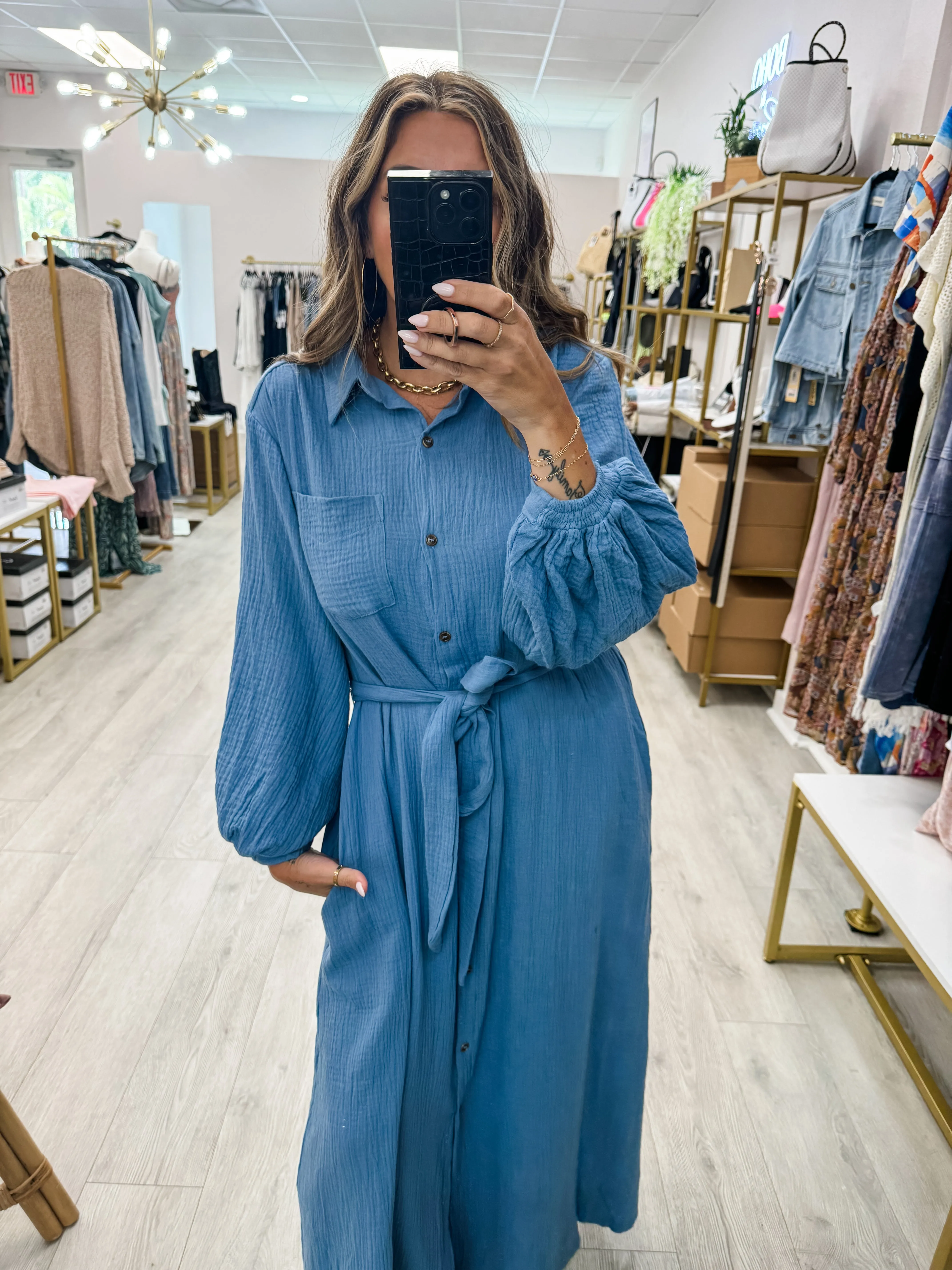 The Bubble Sleeve Belted Maxi Dress