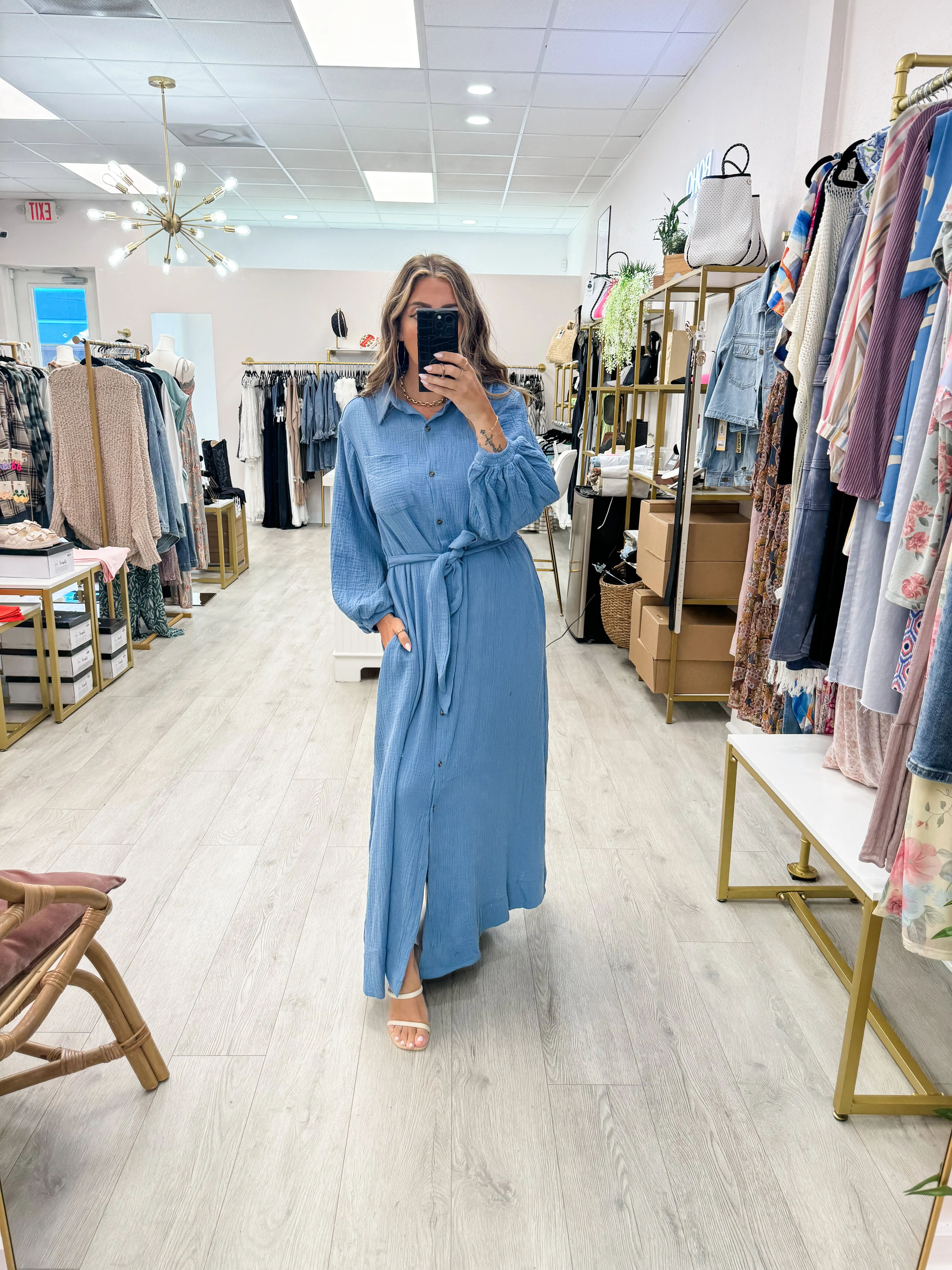 The Bubble Sleeve Belted Maxi Dress