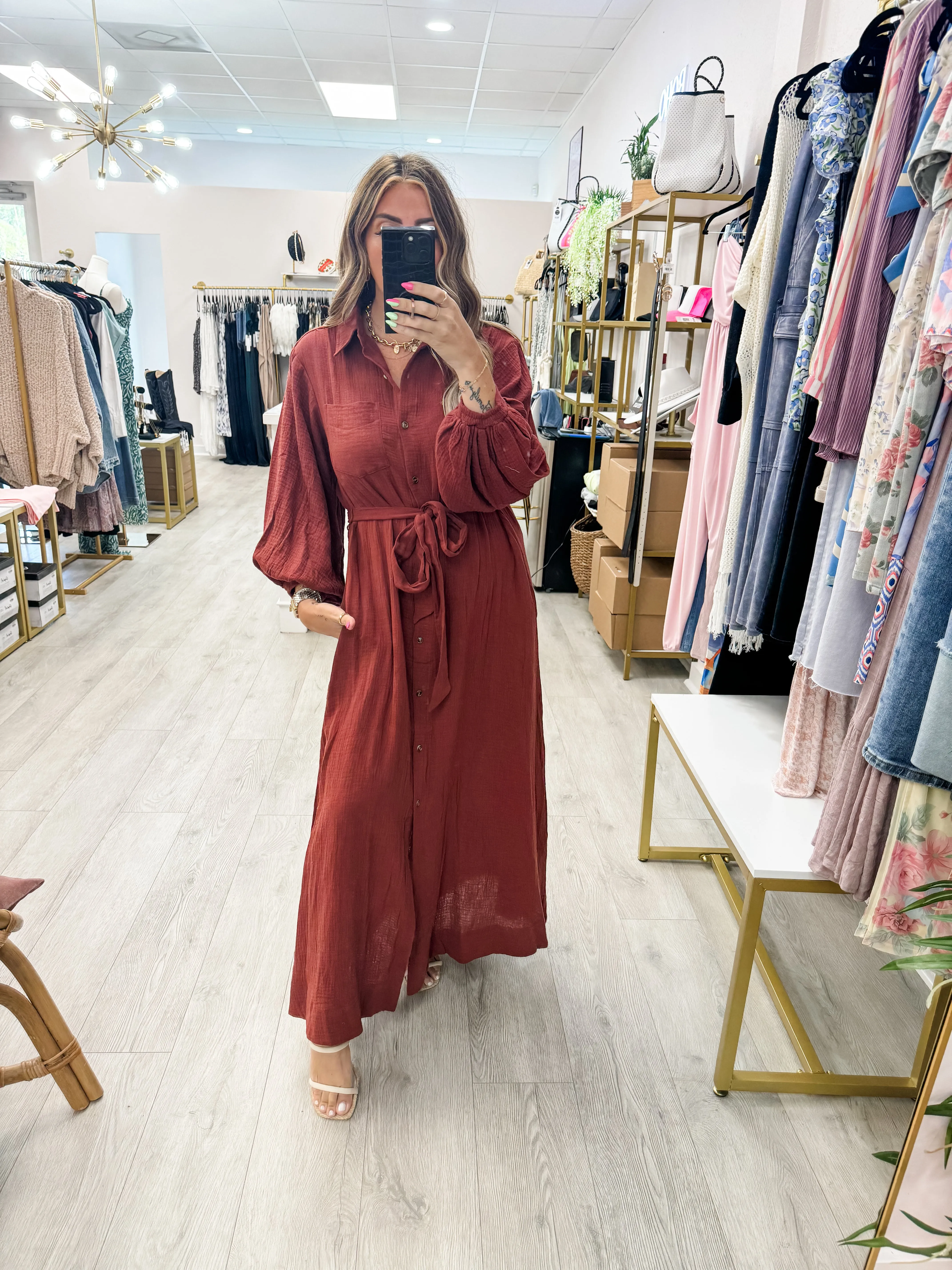 The Bubble Sleeve Belted Maxi Dress