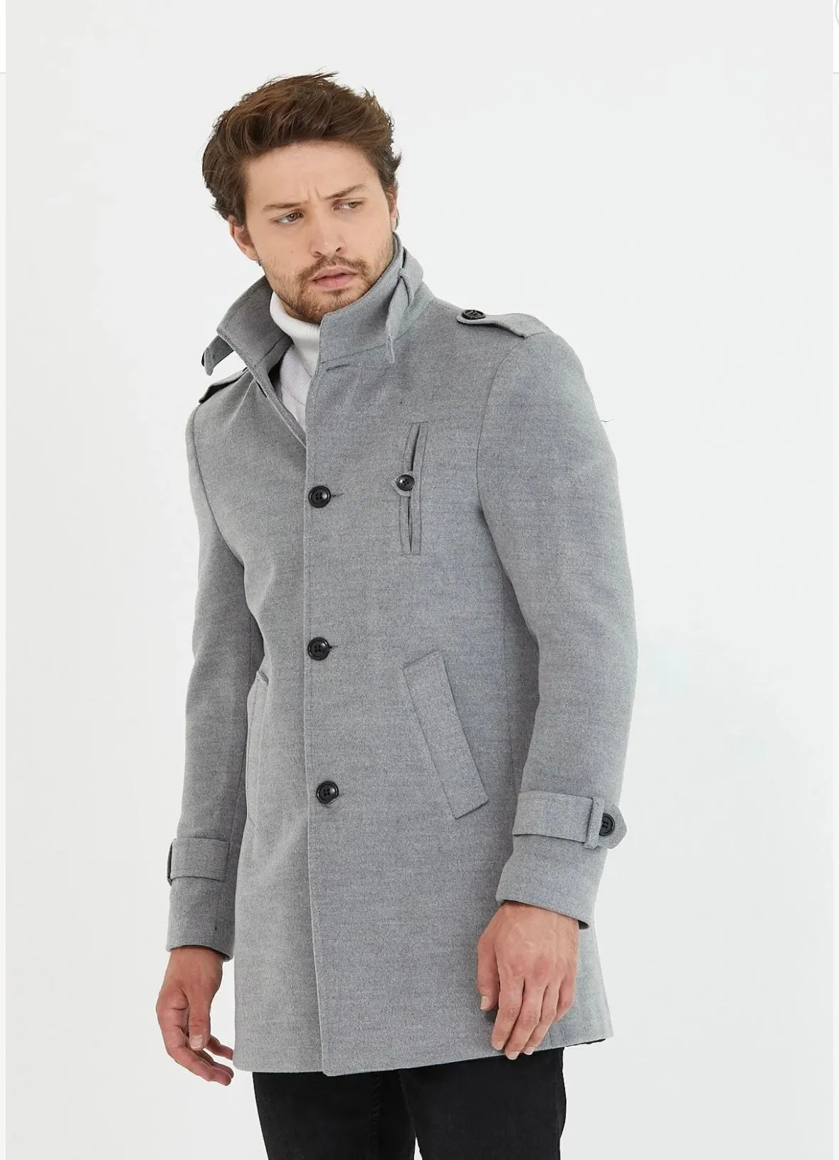 [Tommy] Grey Single-Breasted Pea Coat -100% Wool