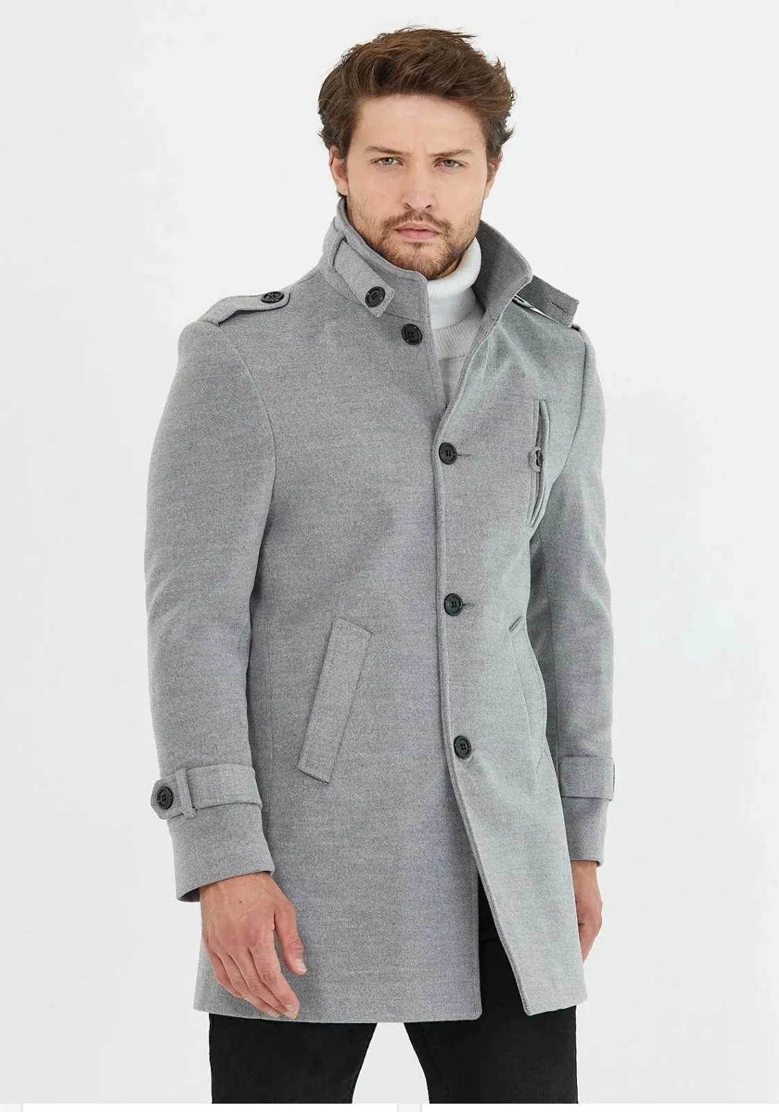 [Tommy] Grey Single-Breasted Pea Coat -100% Wool