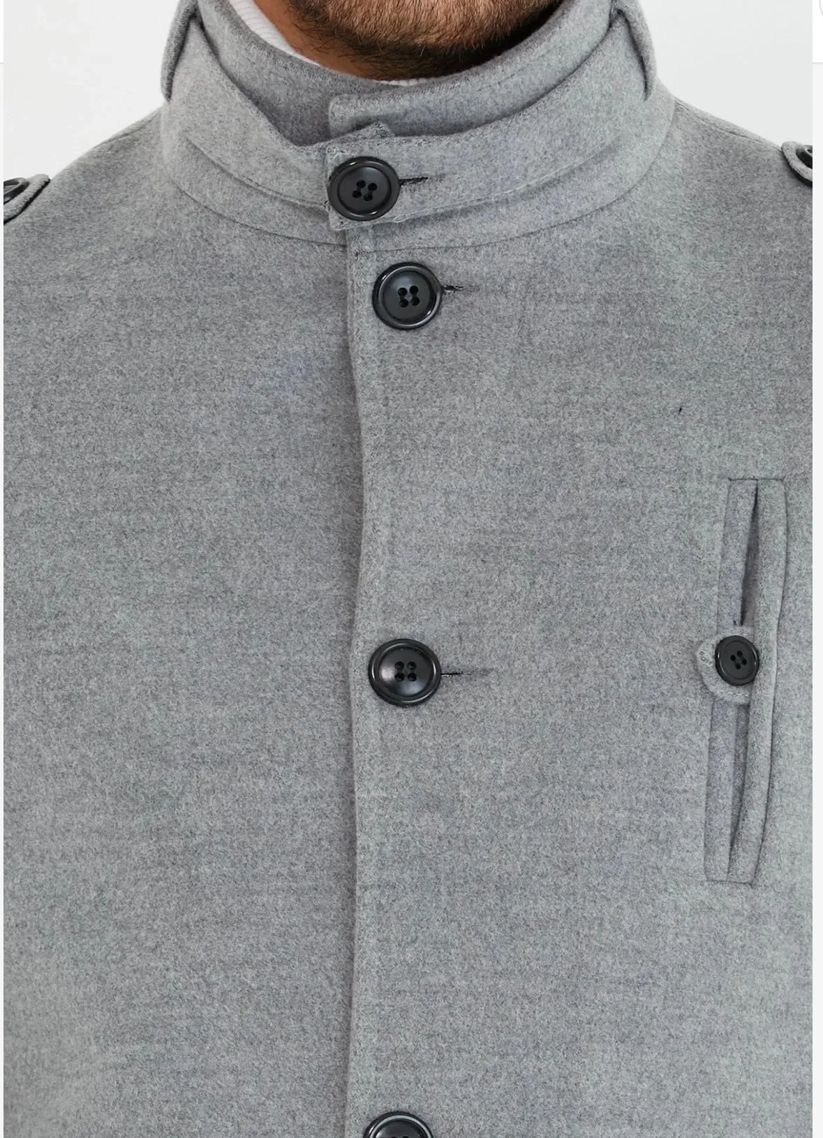 [Tommy] Grey Single-Breasted Pea Coat -100% Wool