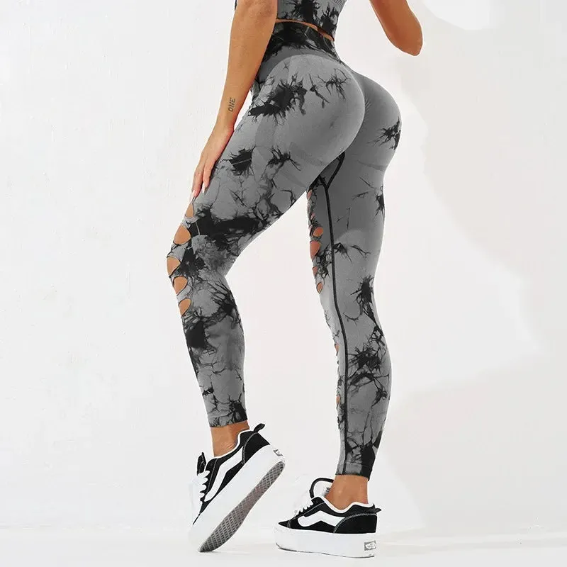 Trendy Tie Dye Seamless Hollow Out High Waist Leggings