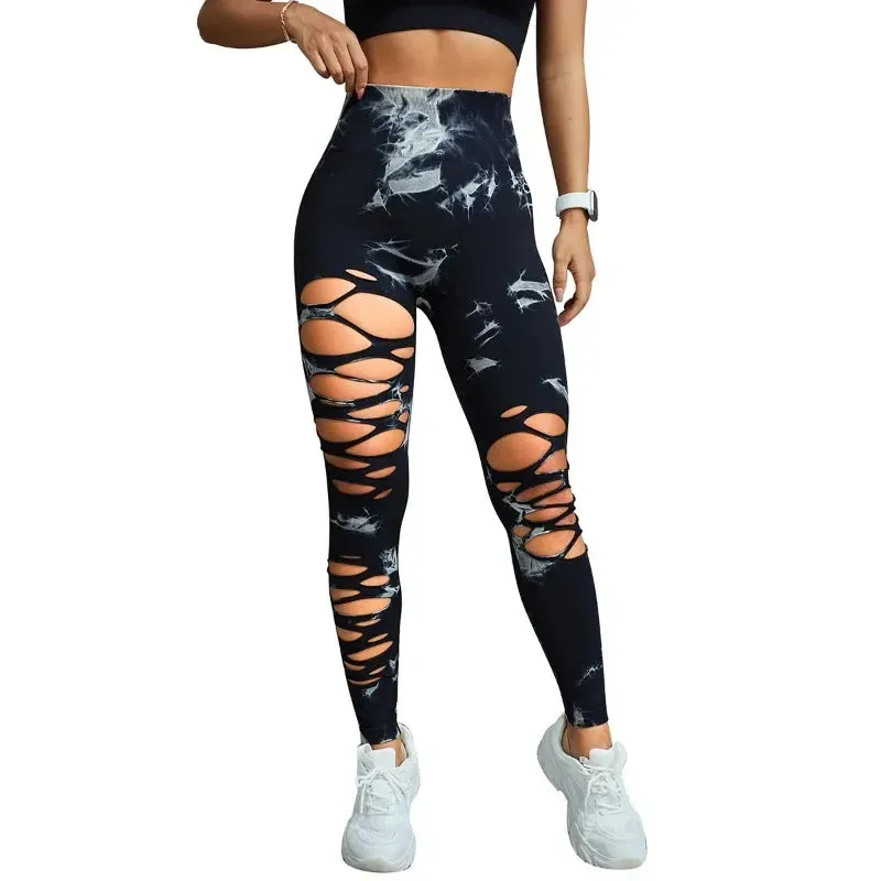 Trendy Tie Dye Seamless Hollow Out High Waist Leggings