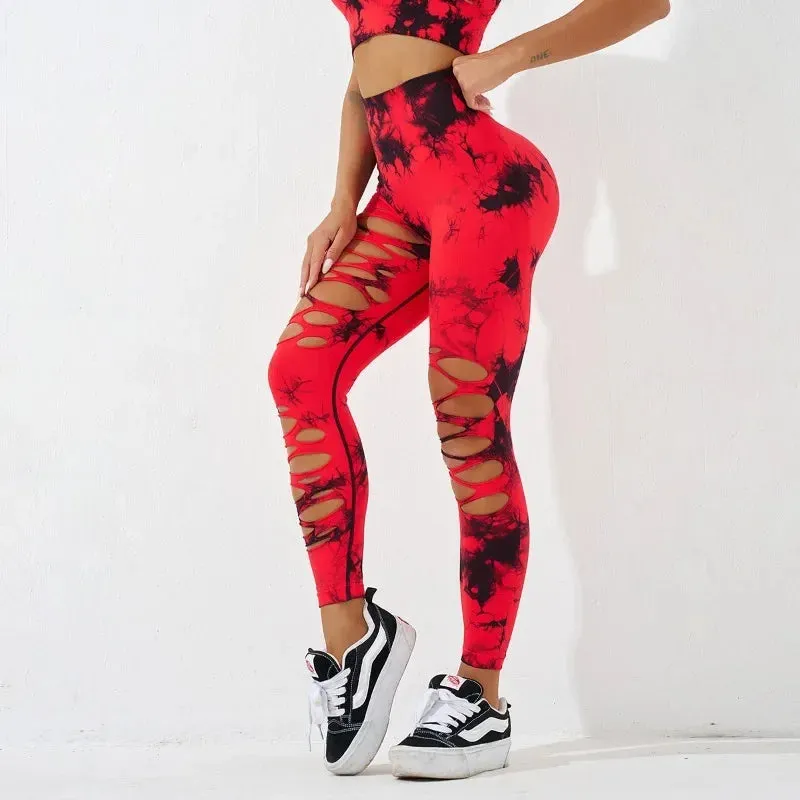 Trendy Tie Dye Seamless Hollow Out High Waist Leggings