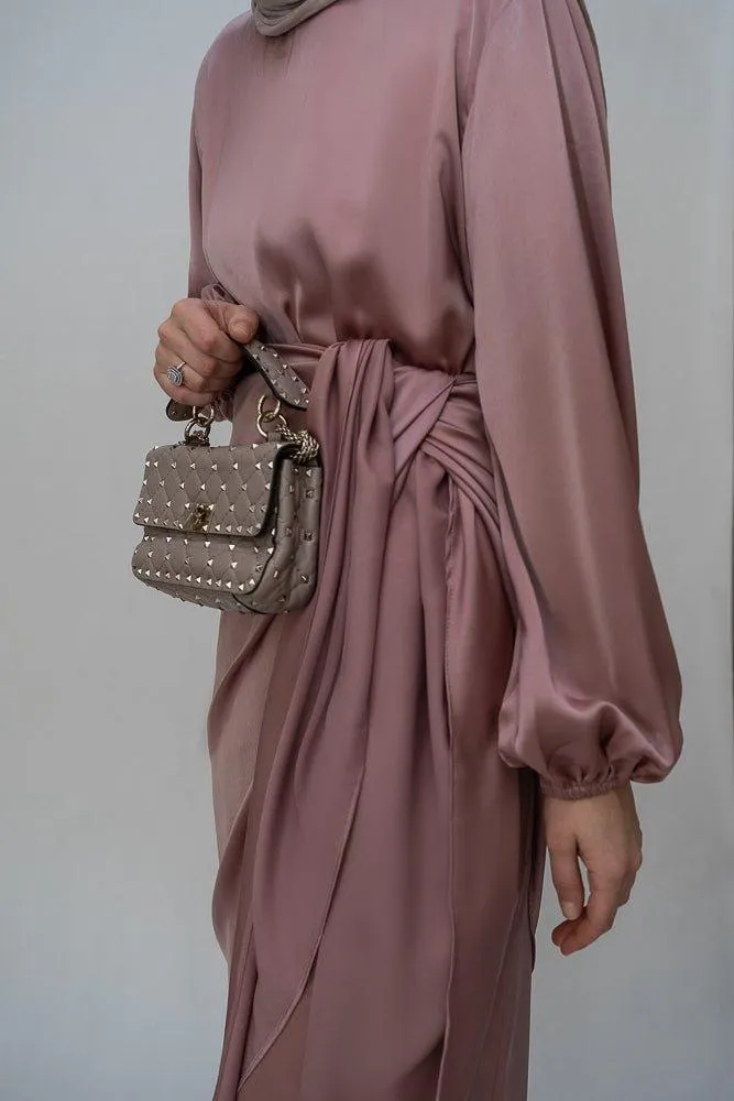 Ulaa maxi abaya dress with detached apron elasticated sleeve like tie waist piece in satin pink