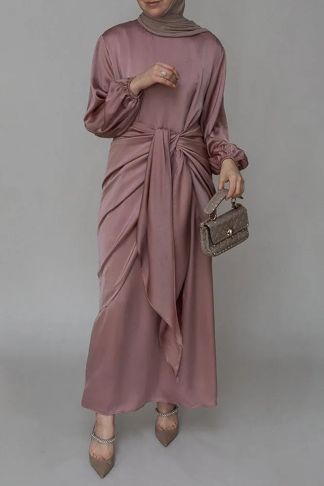 Ulaa maxi abaya dress with detached apron elasticated sleeve like tie waist piece in satin pink