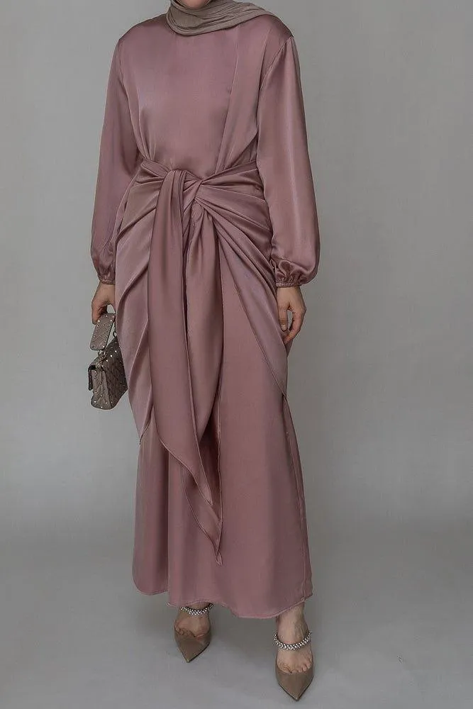 Ulaa maxi abaya dress with detached apron elasticated sleeve like tie waist piece in satin pink